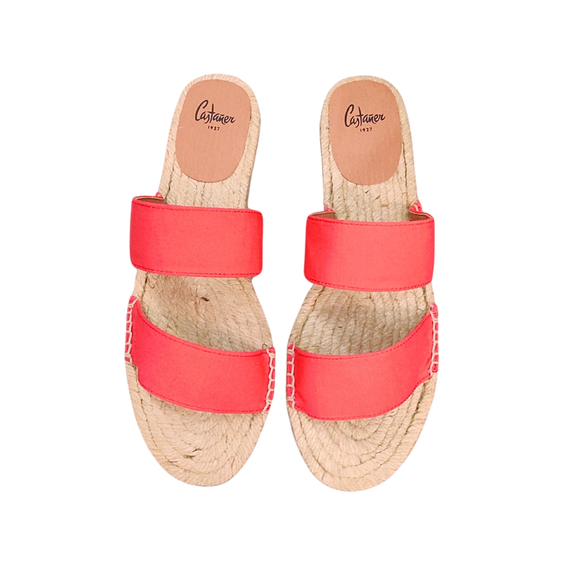 Sandálias Castaner coral com sola de palha trançada