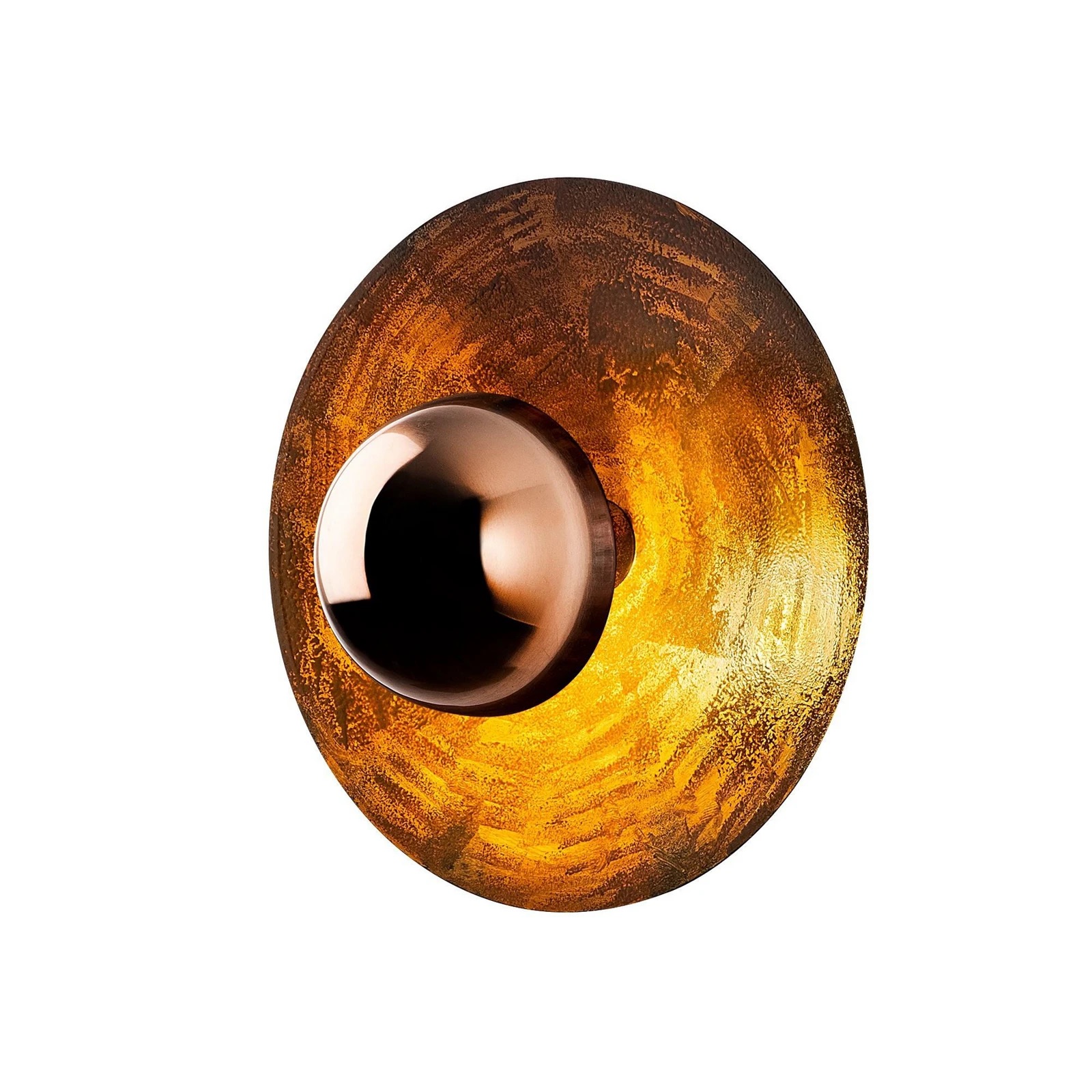 Candeeiro de parede circular dourado com centro metálico cobre