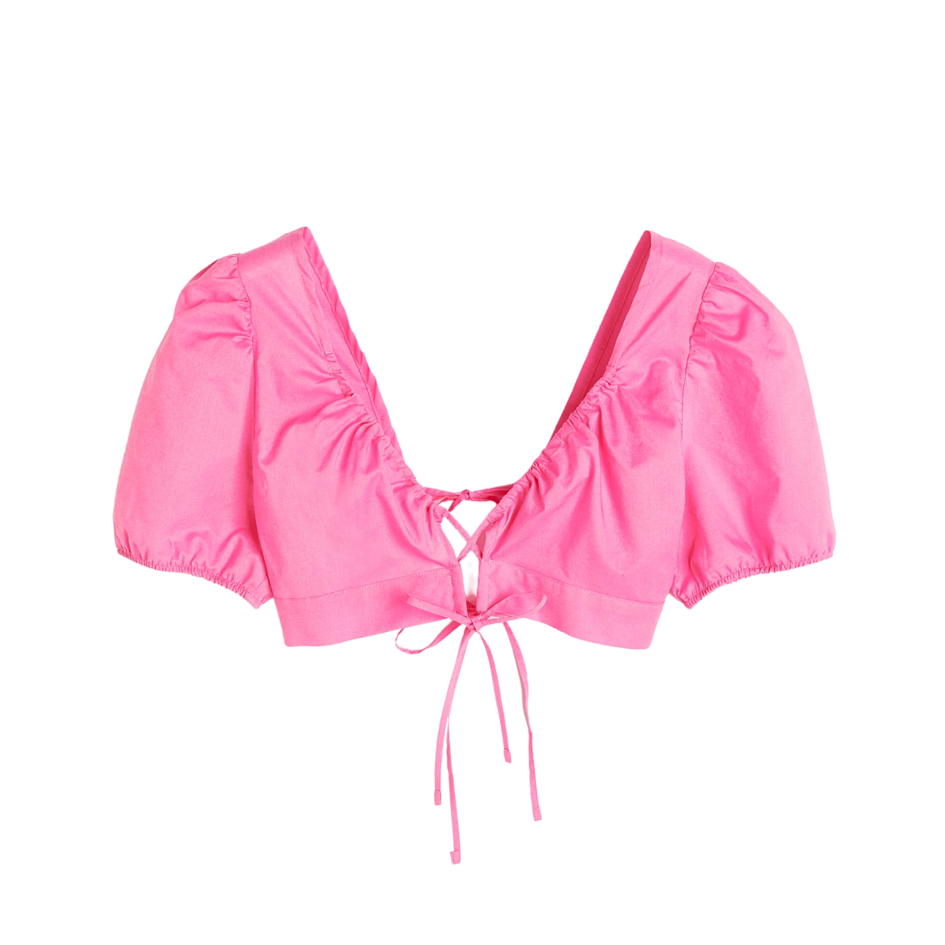 Top feminino rosa com mangas curtas bufantes e decote em V ajustável