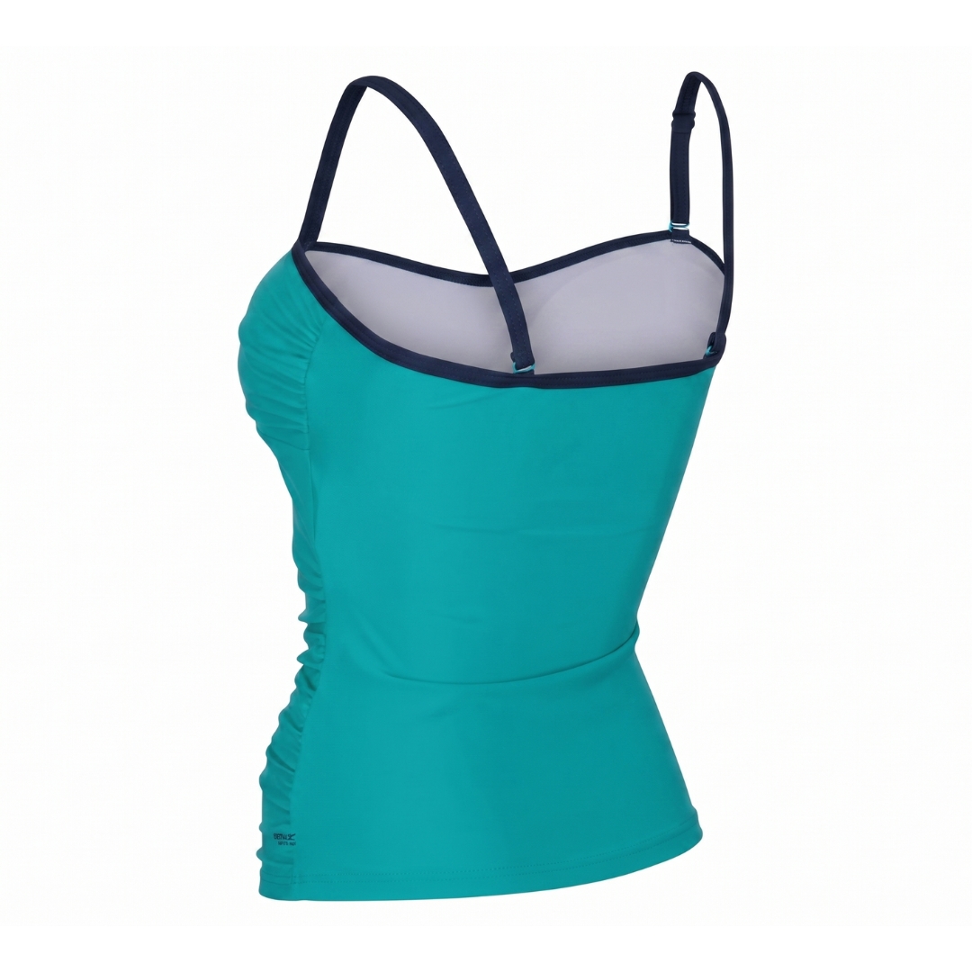 Top feminino verde água com alças finas azuis e lateral franzida