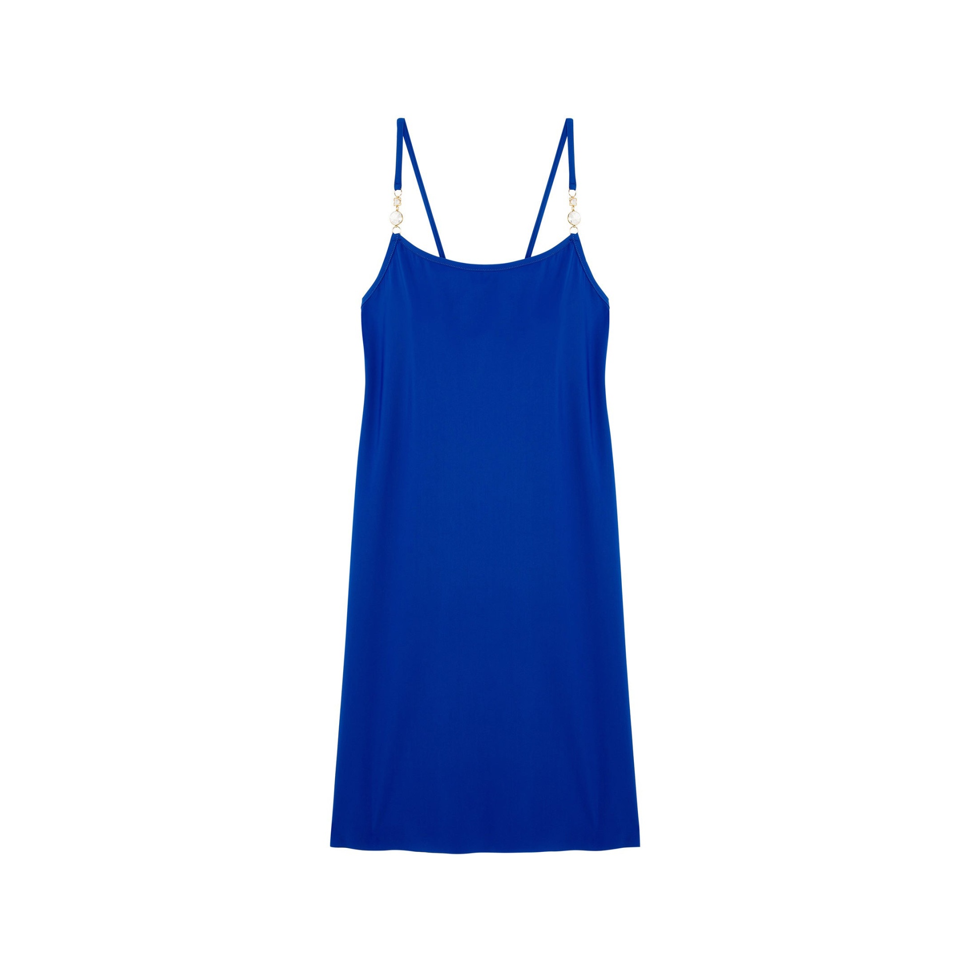 Vestido azul royal com alças finas e detalhes metálicos dourados