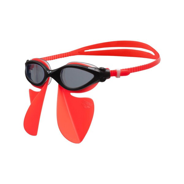 Óculos de natação pretos com lente escura e suporte nasal vermelho