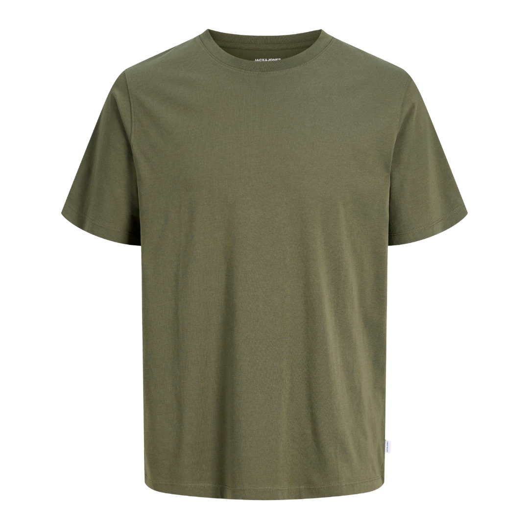 T-shirt masculina caqui de manga curta com gola redonda e etiqueta JACK & JONES