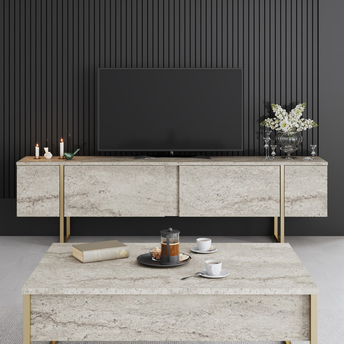 Móvel de TV e mesa de centro em pedra clara com detalhes dourados e decoração minimalista