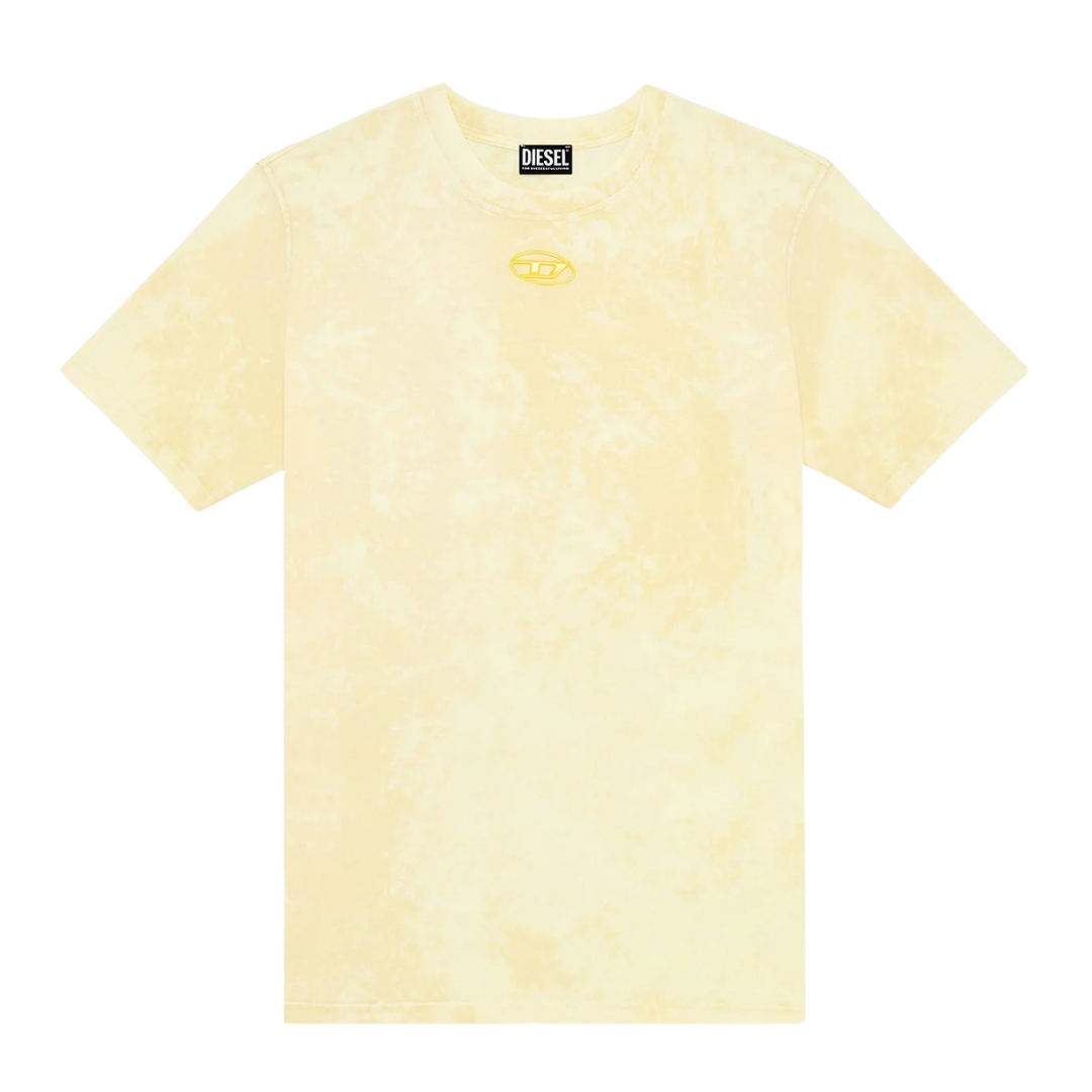 T-shirt amarelo pálido com etiqueta Diesel e logótipo no peito