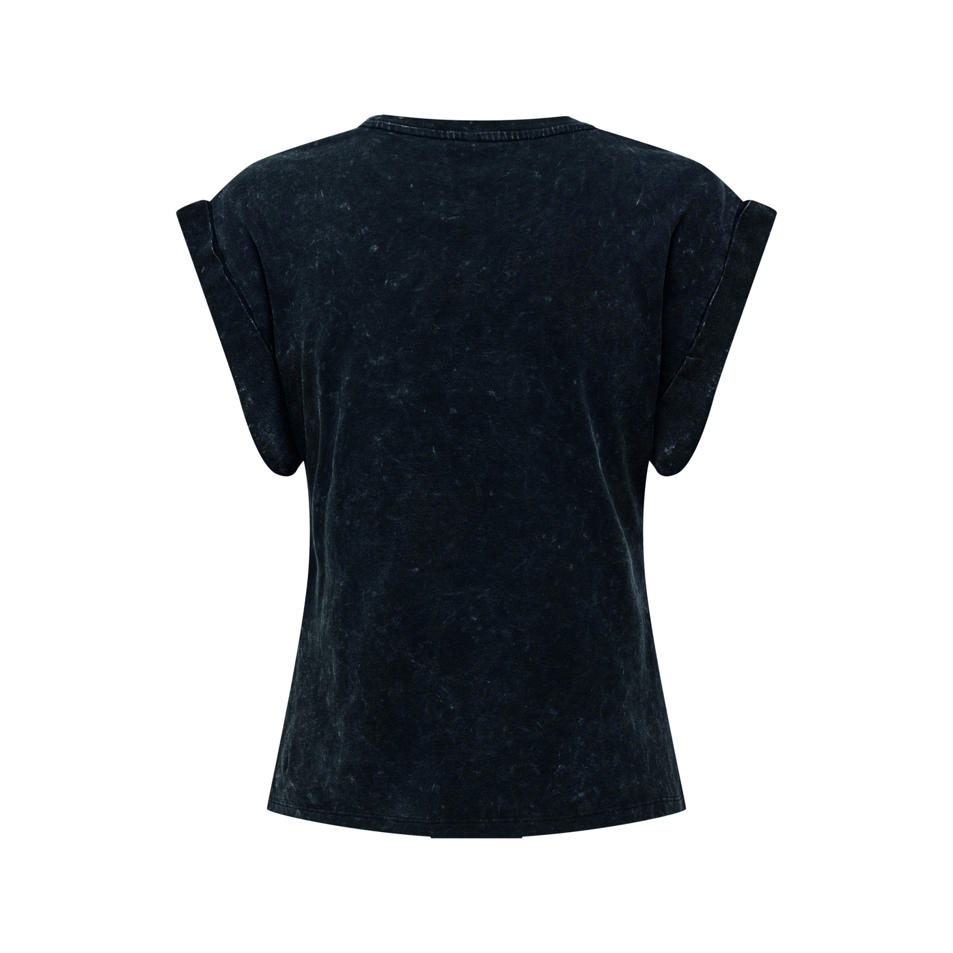 T-shirt preta de manga curta com mangas dobradas vista de costas