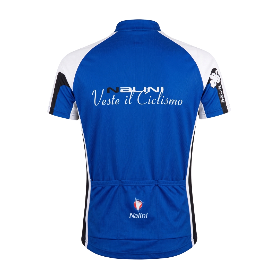 Camisola de ciclismo azul com texto Nalini Veste il Ciclismo e logotipo Nalini