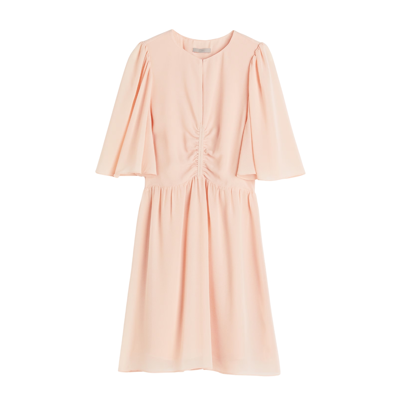Vestido cor de rosa claro com mangas largas e curtas e franzido central
