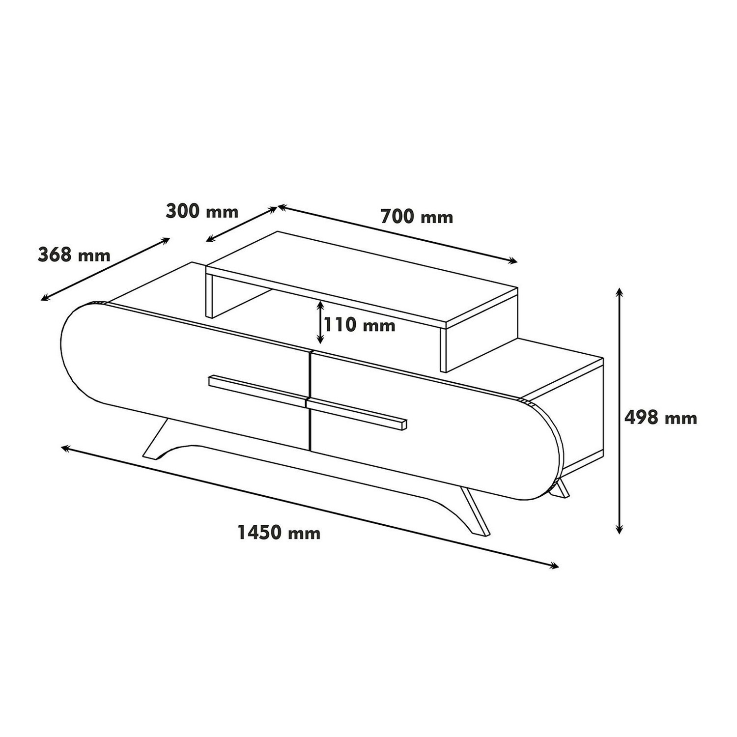 Desenho técnico de móvel com gavetas e prateleira com dimensões em milímetros