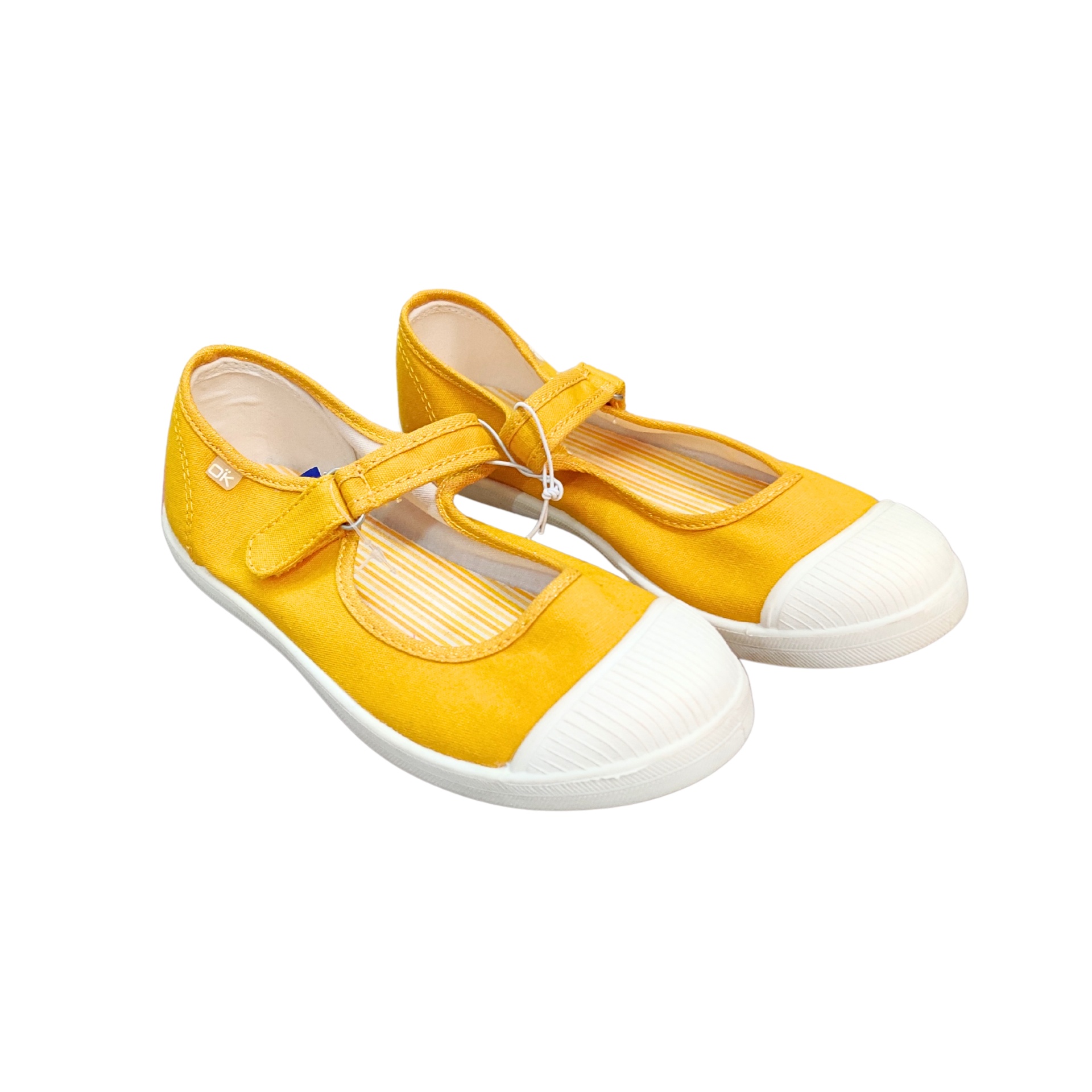 Sapatos infantis amarelos com biqueira branca e presilha