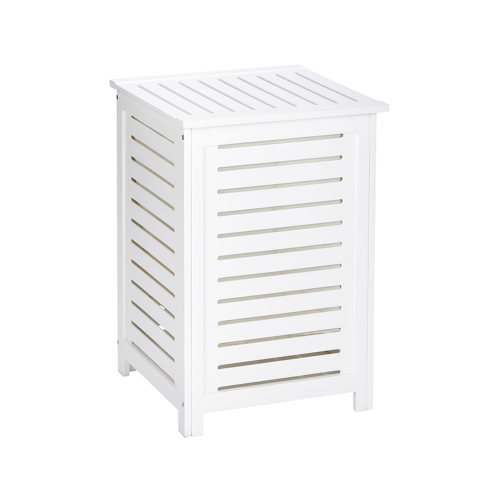 Cesto de roupa branco em madeira com ranhuras horizontais