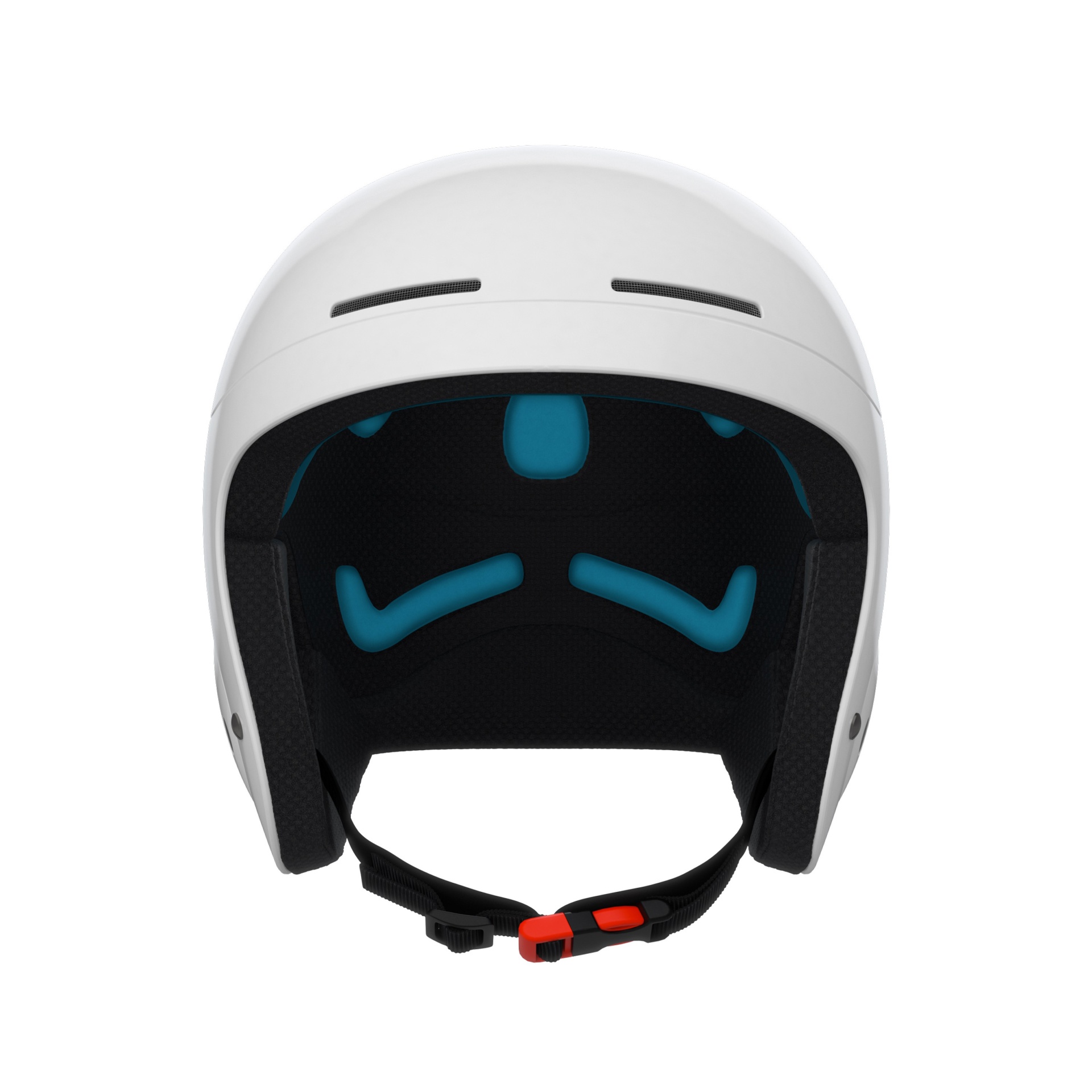 Capacete branco com interior almofadado preto e azul e fivela preta e vermelha