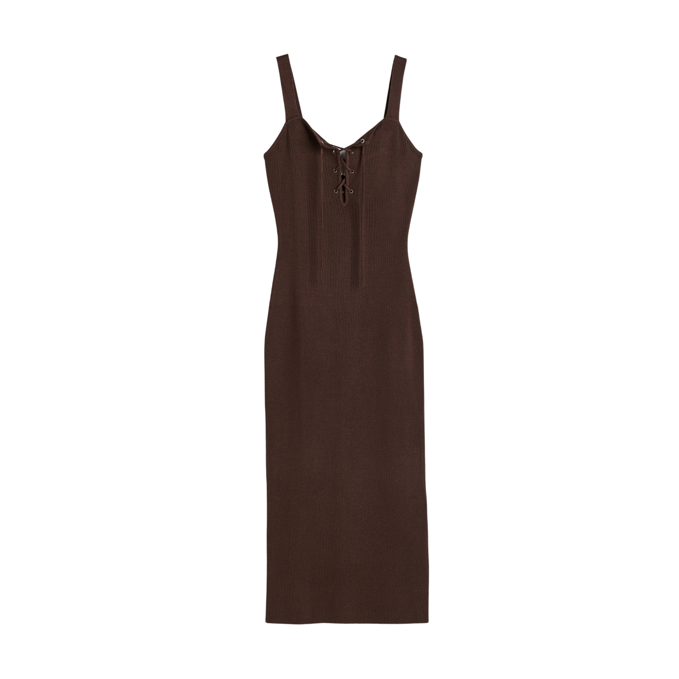 Vestido midi castanho escuro com alças largas e laçada ao centro