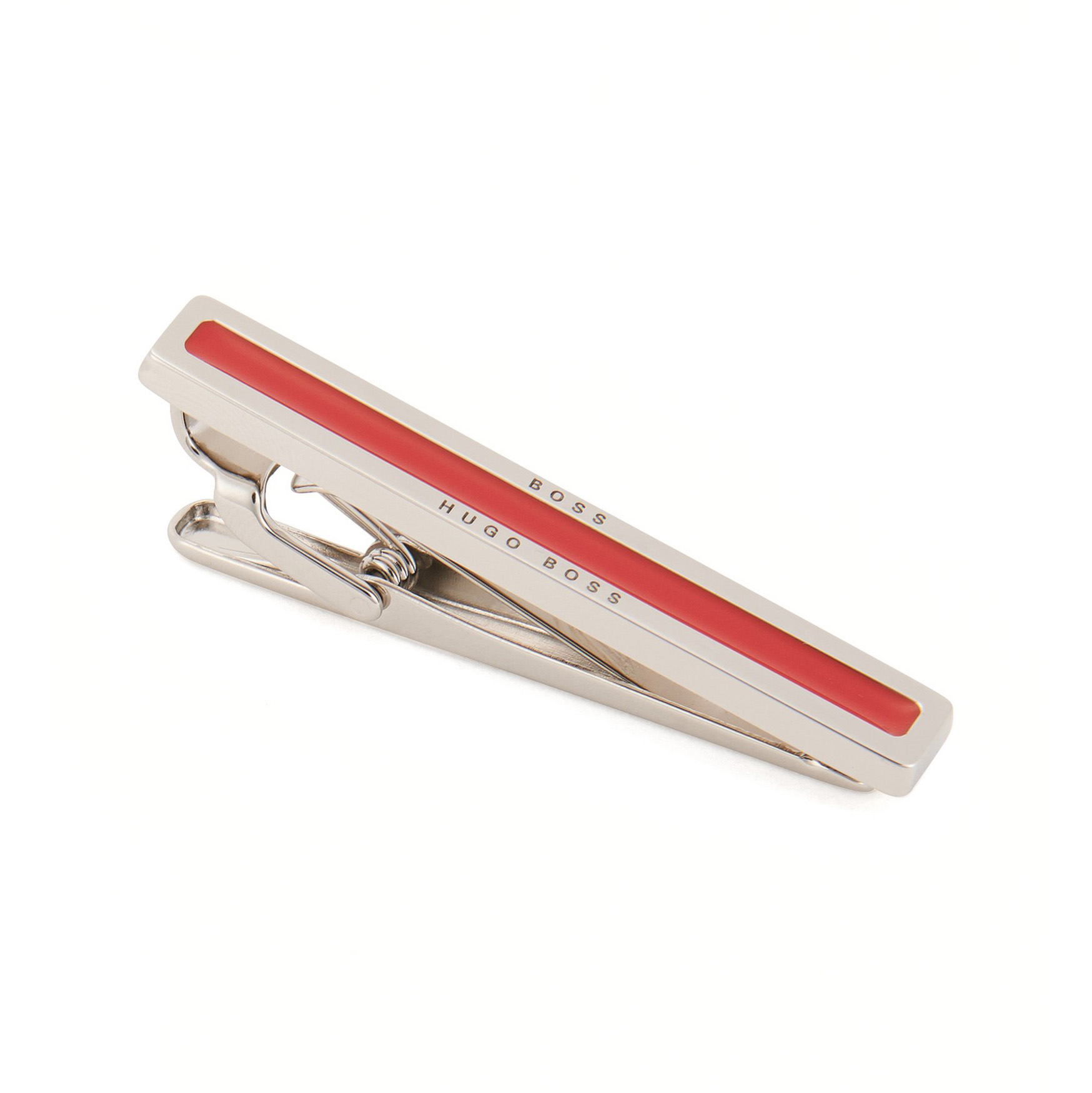 Prendedor de gravata prateado com faixa vermelha e texto Hugo Boss