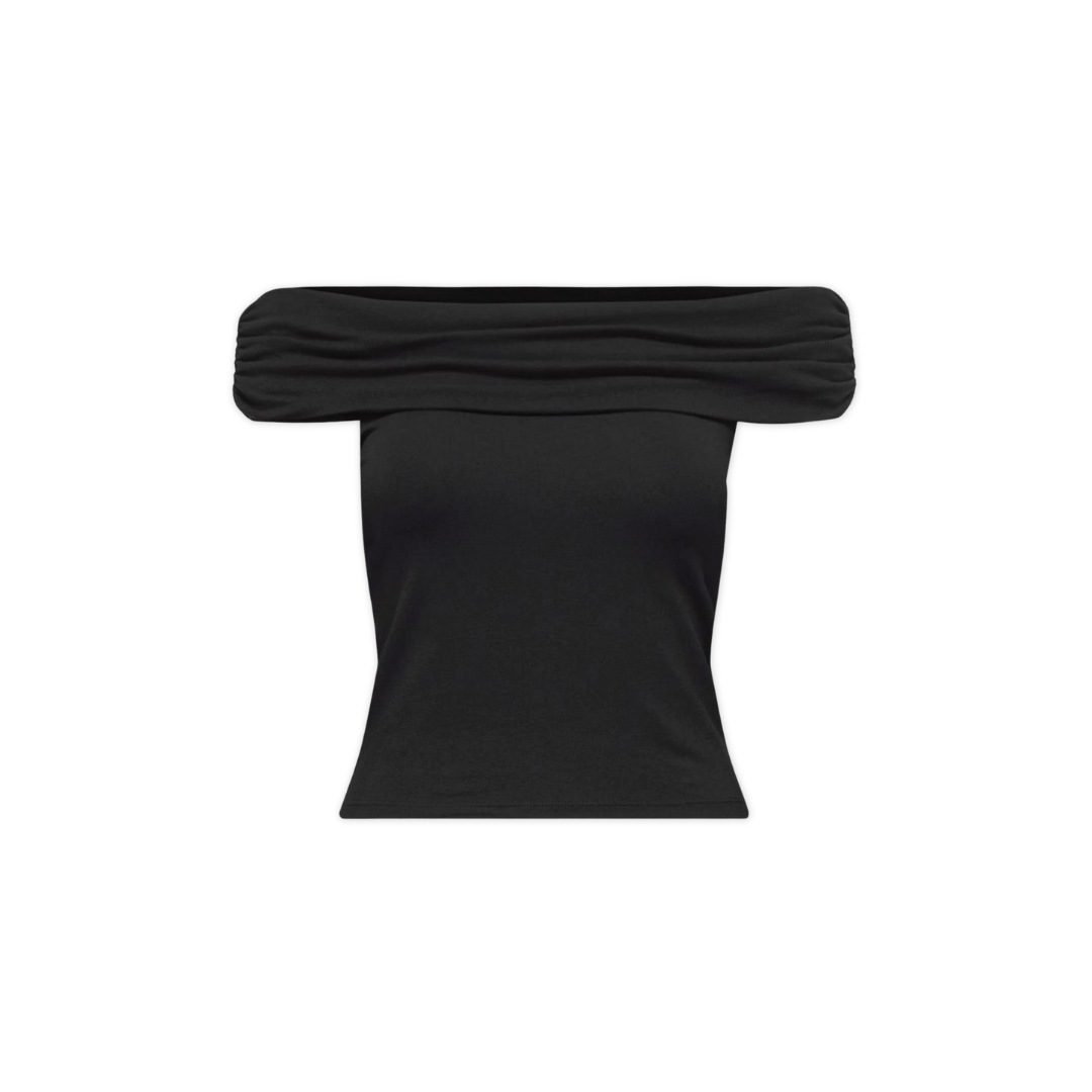 Top preto feminino ombro a ombro com tecido franzido