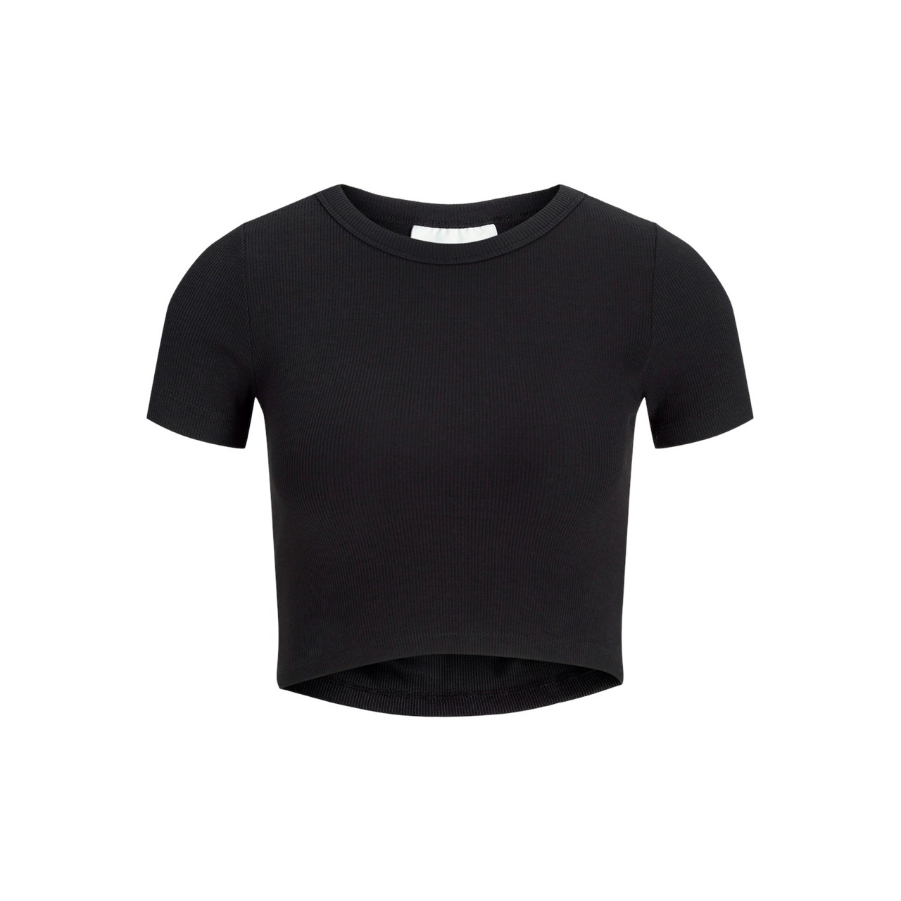 T-shirt cropped preta com manga curta e decote redondo