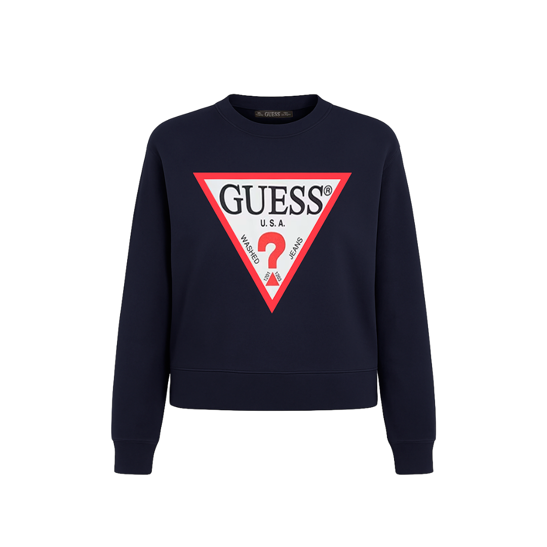 Sweatshirt azul escuro GUESS com logótipo triangular vermelho e branco no centro