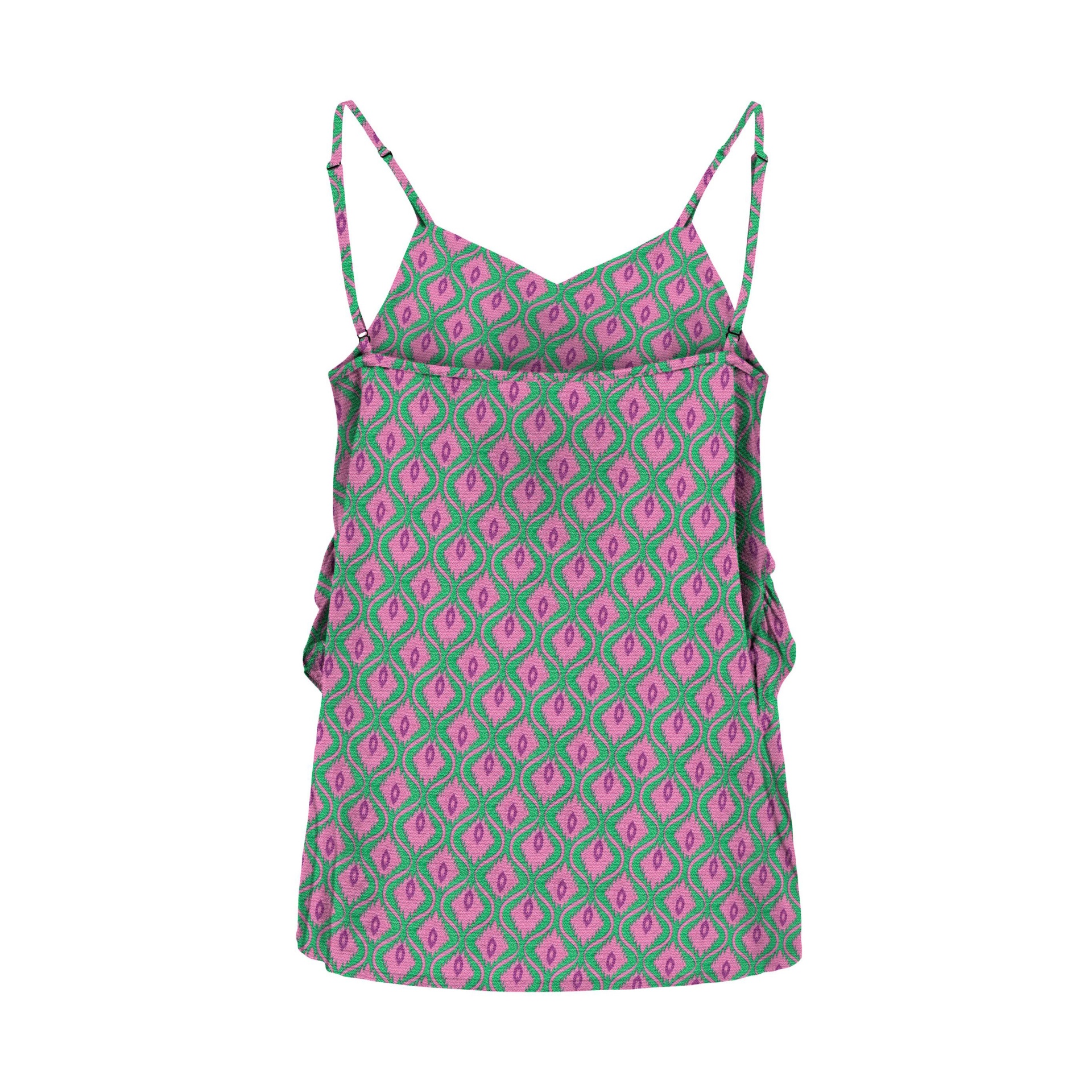 Top feminino verde e rosa com padrão geométrico e alças finas