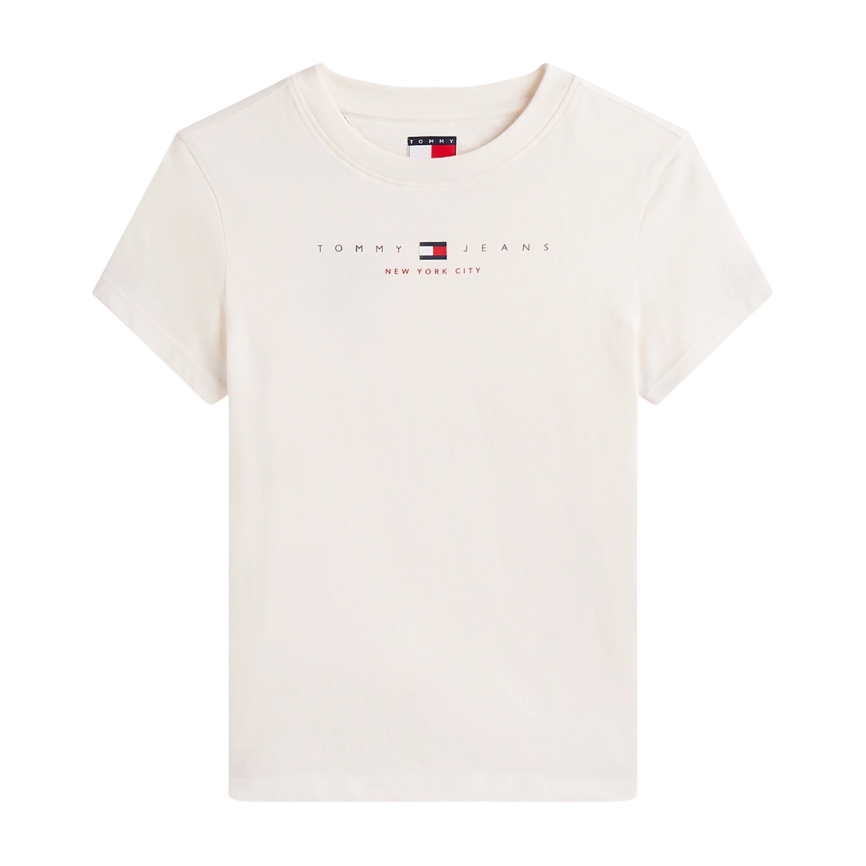 T-shirt branca de manga curta com texto e logótipo no peito