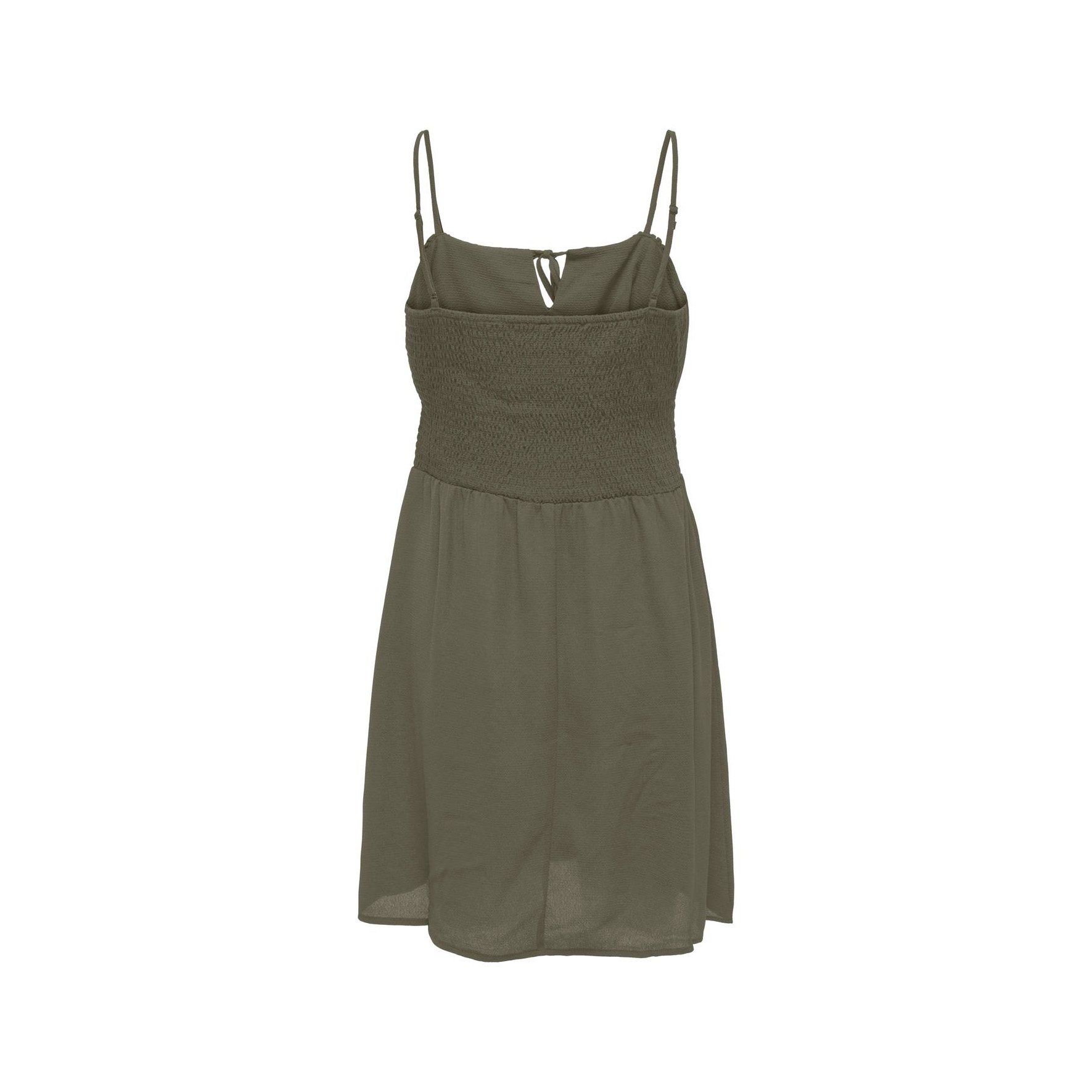 Vestido feminino verde-oliva com alças finas e parte franzida