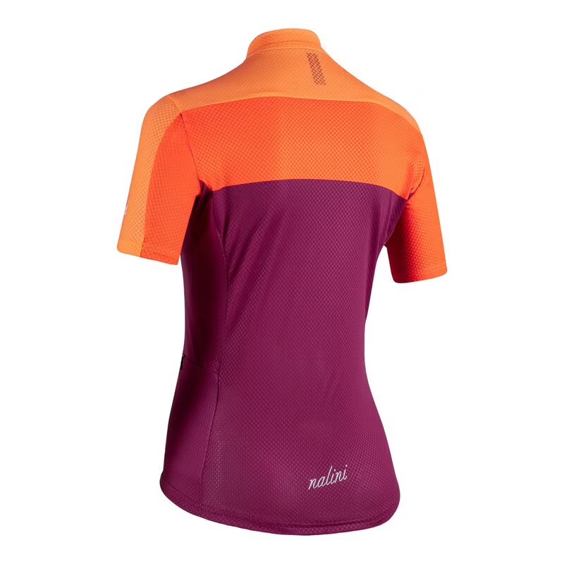 Camisola ciclismo feminina laranja e roxo texto nalini