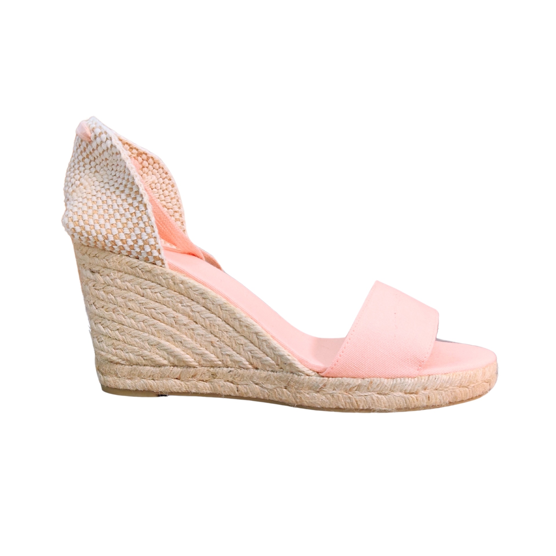 Sandália de cunha rosa claro com salto de corda