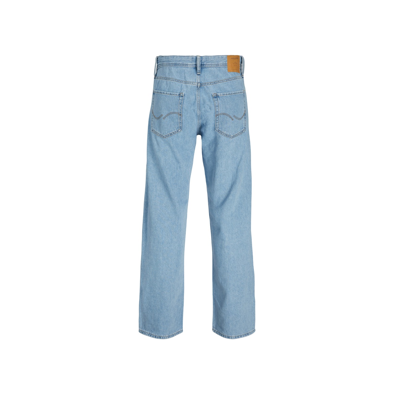 Calças de ganga azuis claras de costas, com bolsos e etiqueta castanha