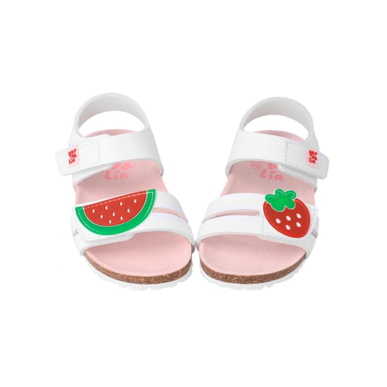 Sandálias brancas para criança com motivos de melancia e morango