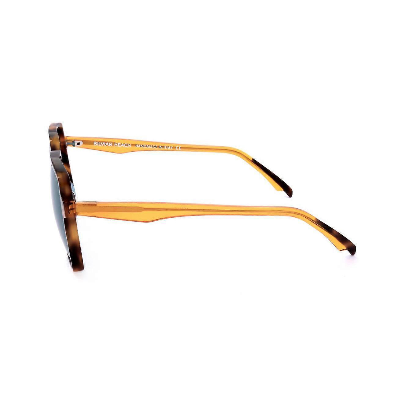 Óculos de sol castanhos com hastes amarelas e texto branco na haste