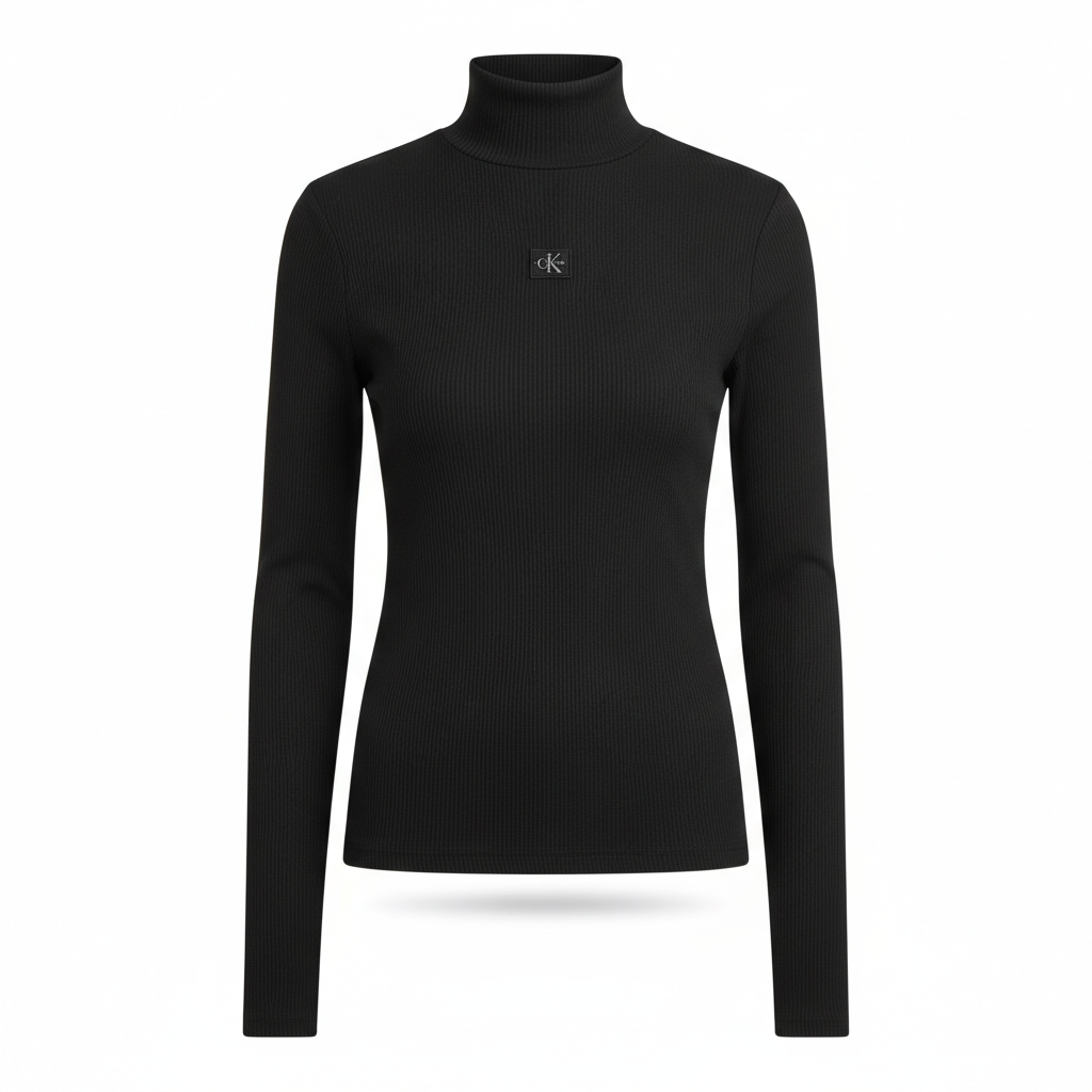 Camisola preta de gola alta e manga comprida com logótipo CK no peito
