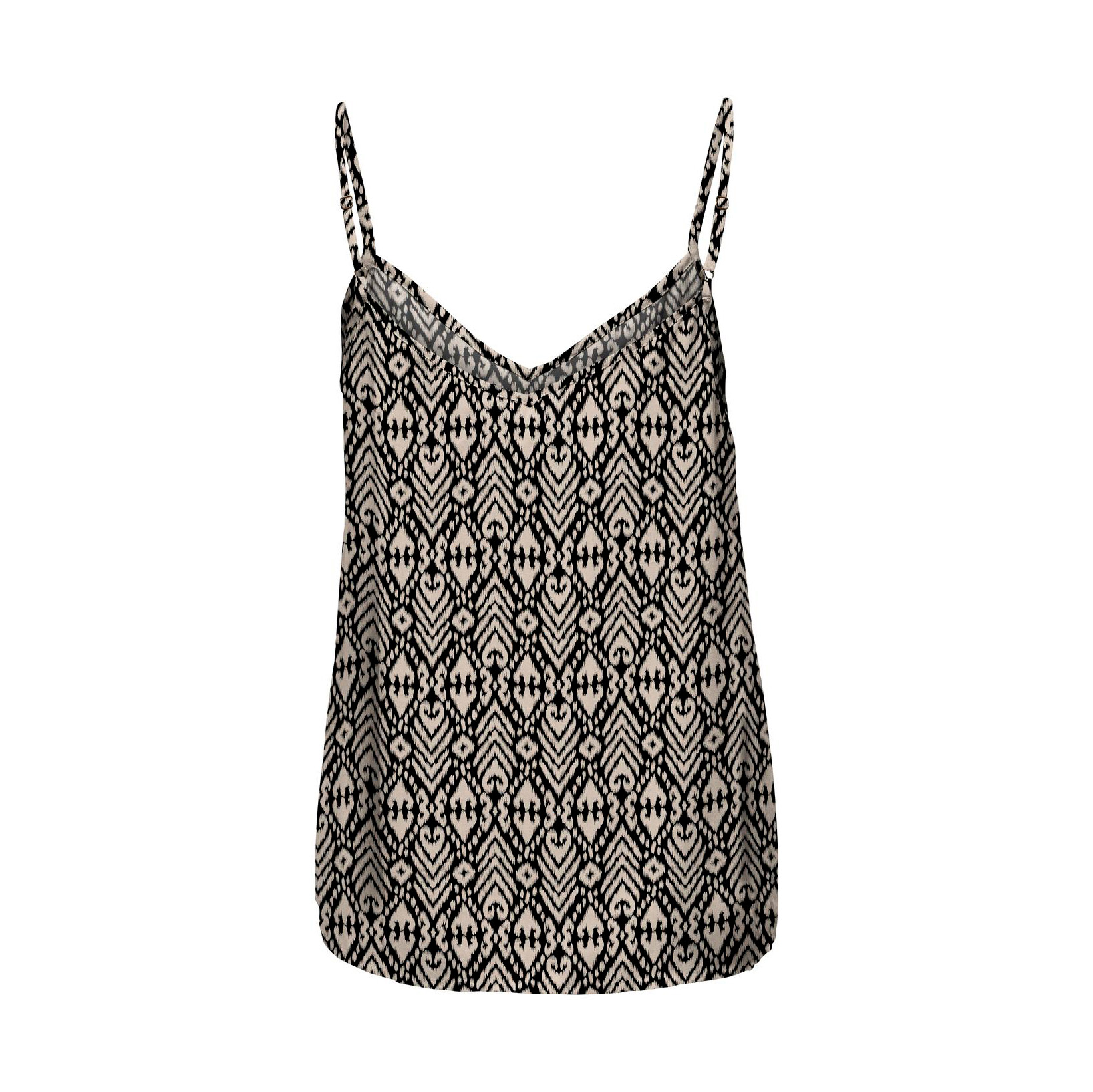 Top feminino padrão geométrico preto e bege com alças finas