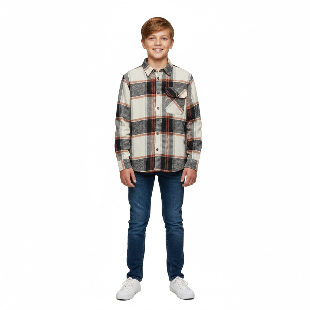 Rapaz com camisola xadrez, jeans e ténis brancos em fundo branco