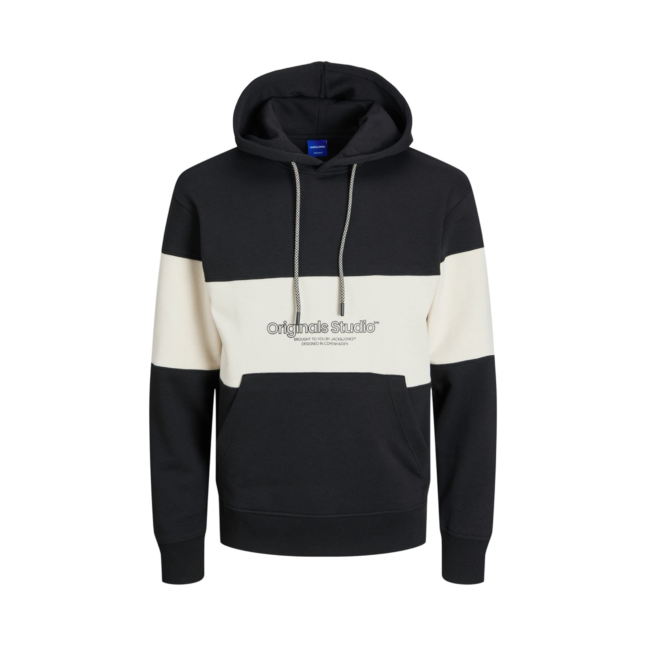 Sweatshirt com capuz preto e branco com texto bordado na frente