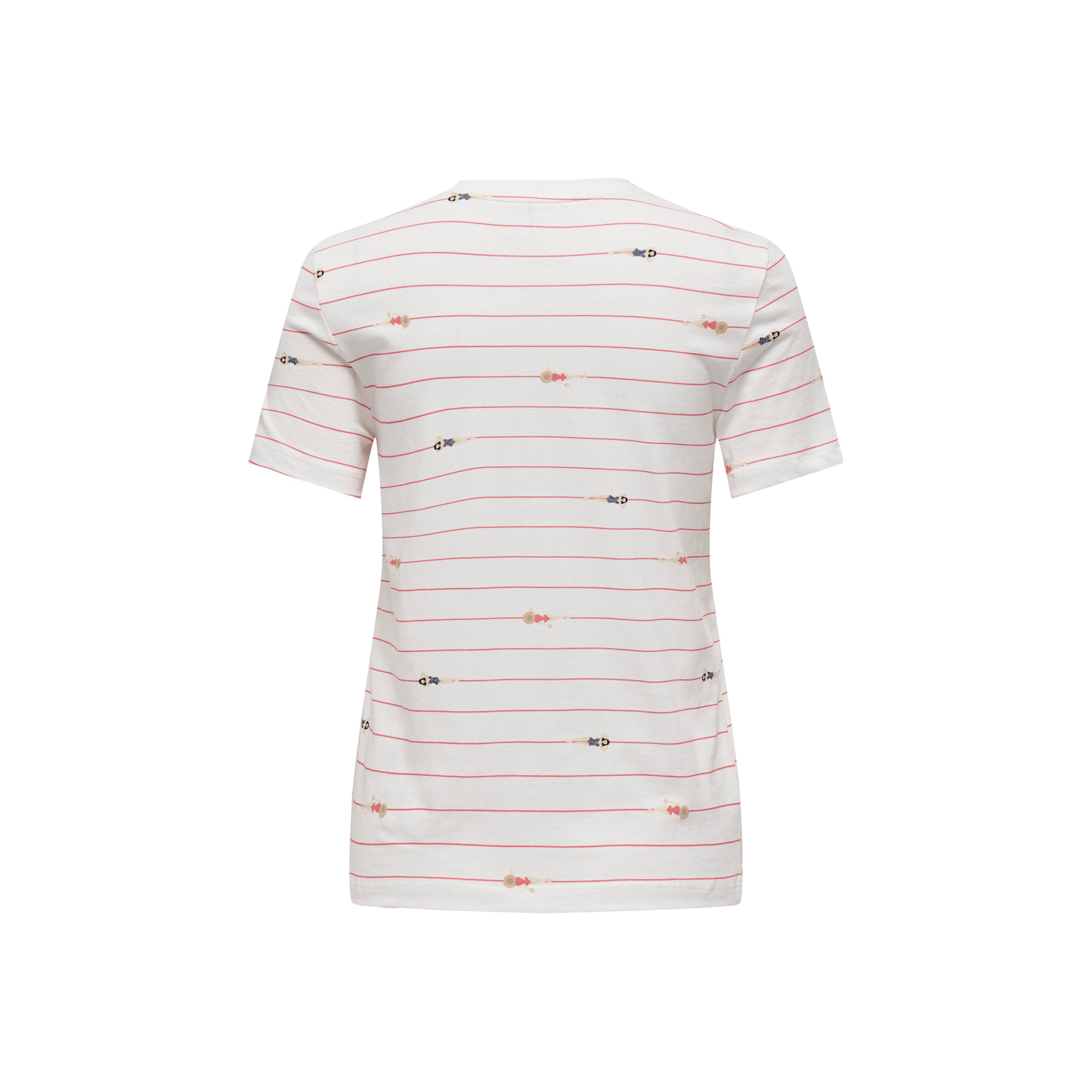 T-shirt branca de listras vermelhas e pequenos padrões coloridos vista de costas