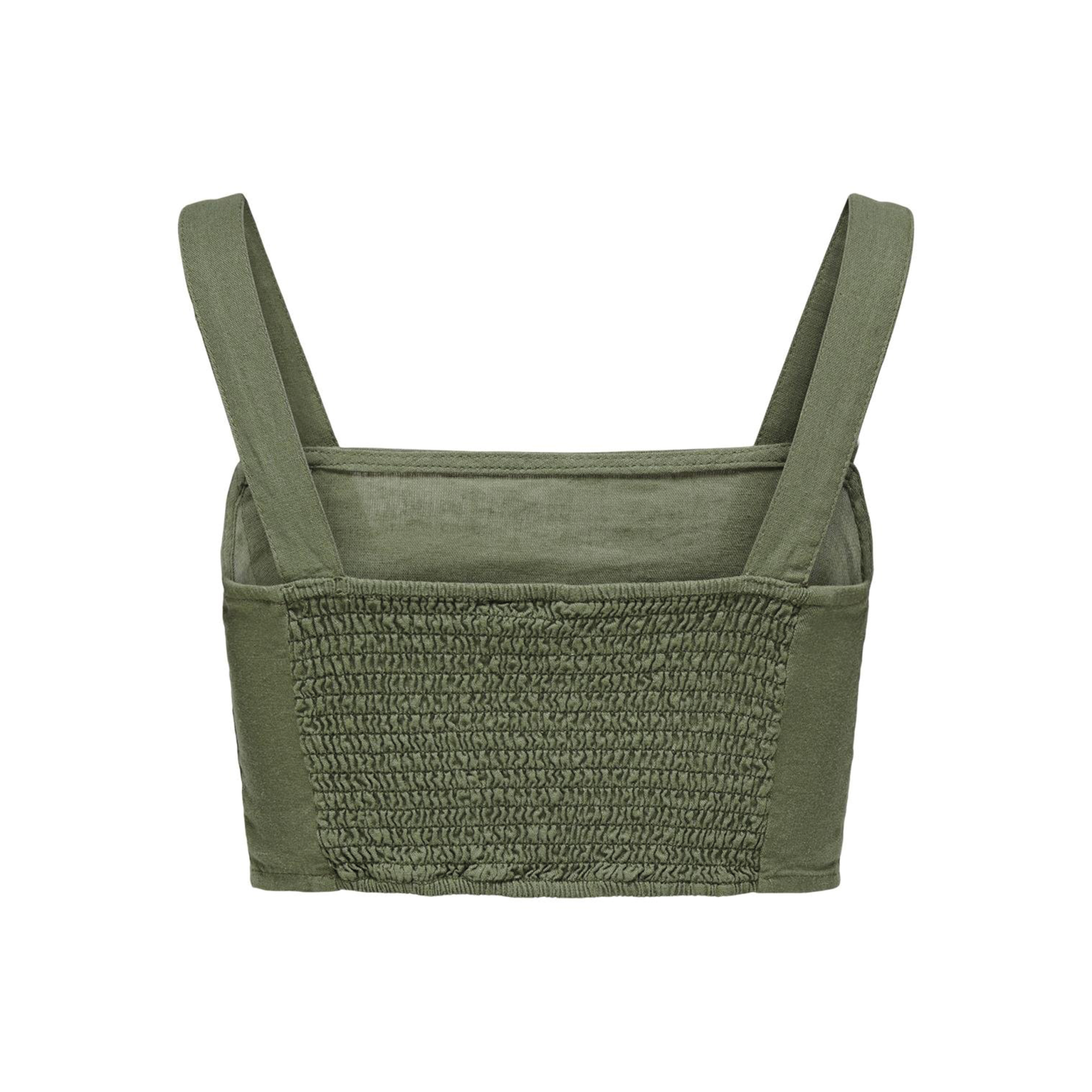 Top feminino verde-oliva com alças largas e parte frontal franzida