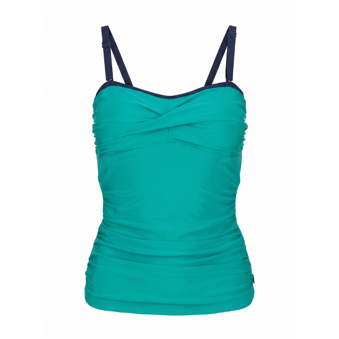 Top de banho azul turquesa com alças ajustáveis azuis escuras e franzidos