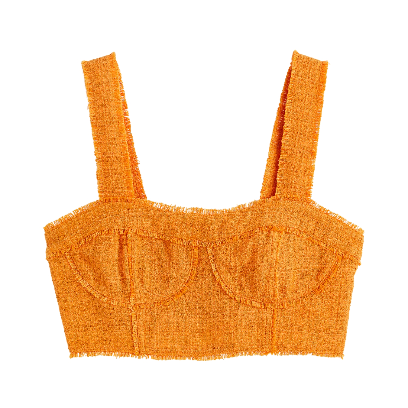Top cropped alaranjado em tecido texturizado com costuras e franjas