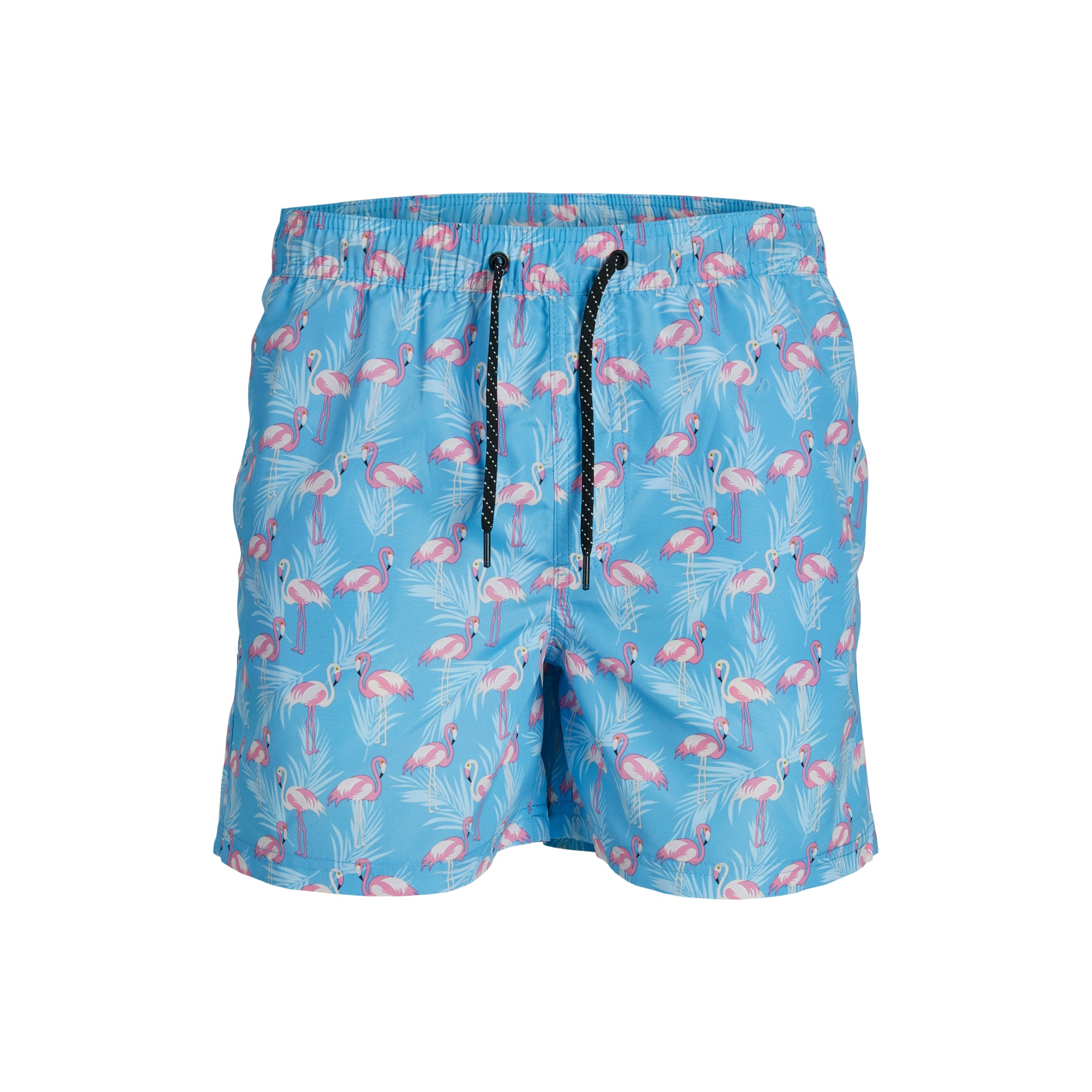Calções de banho azul claro com padrão de flamingos e cordão preto