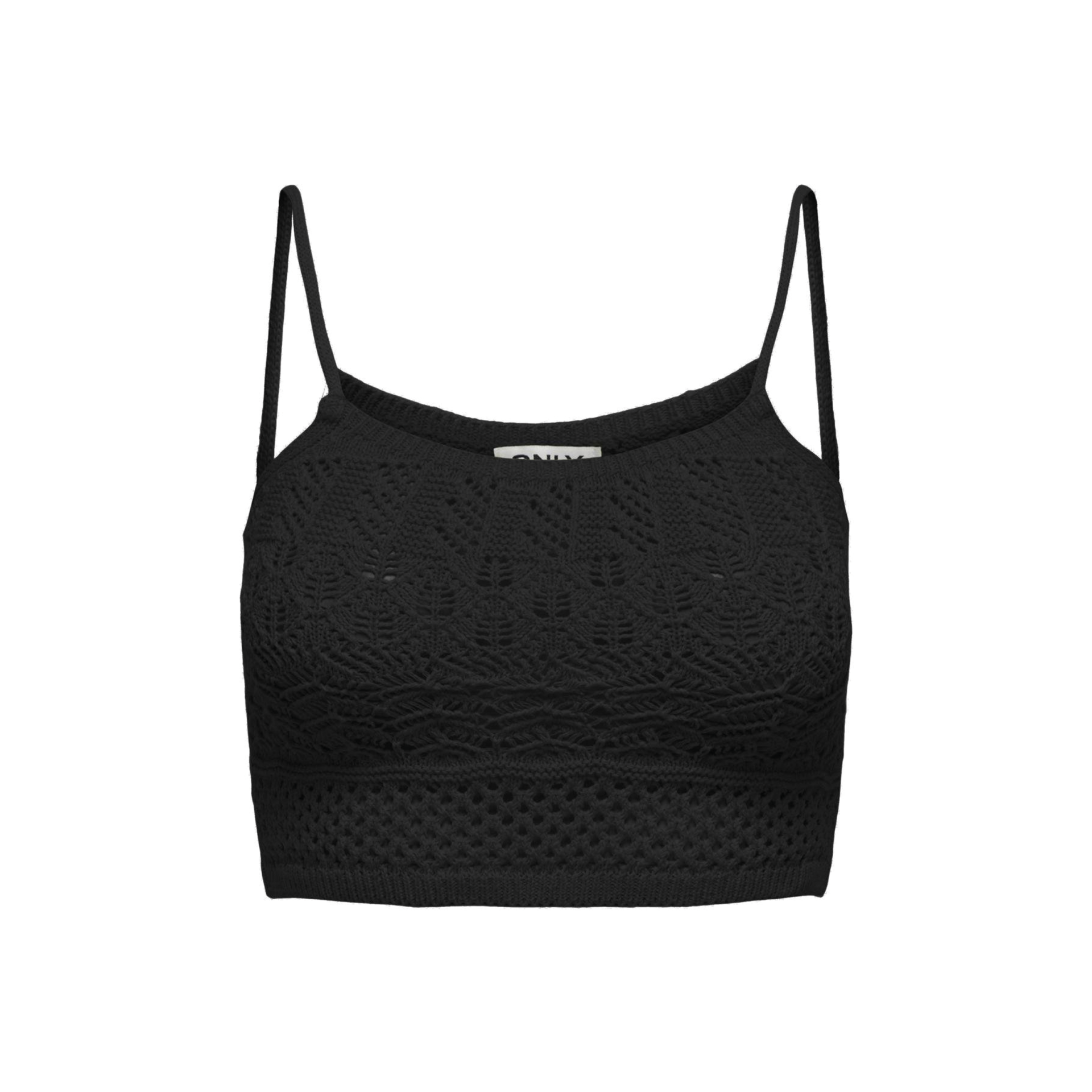 Top cropped preto com textura rendada e alças finas