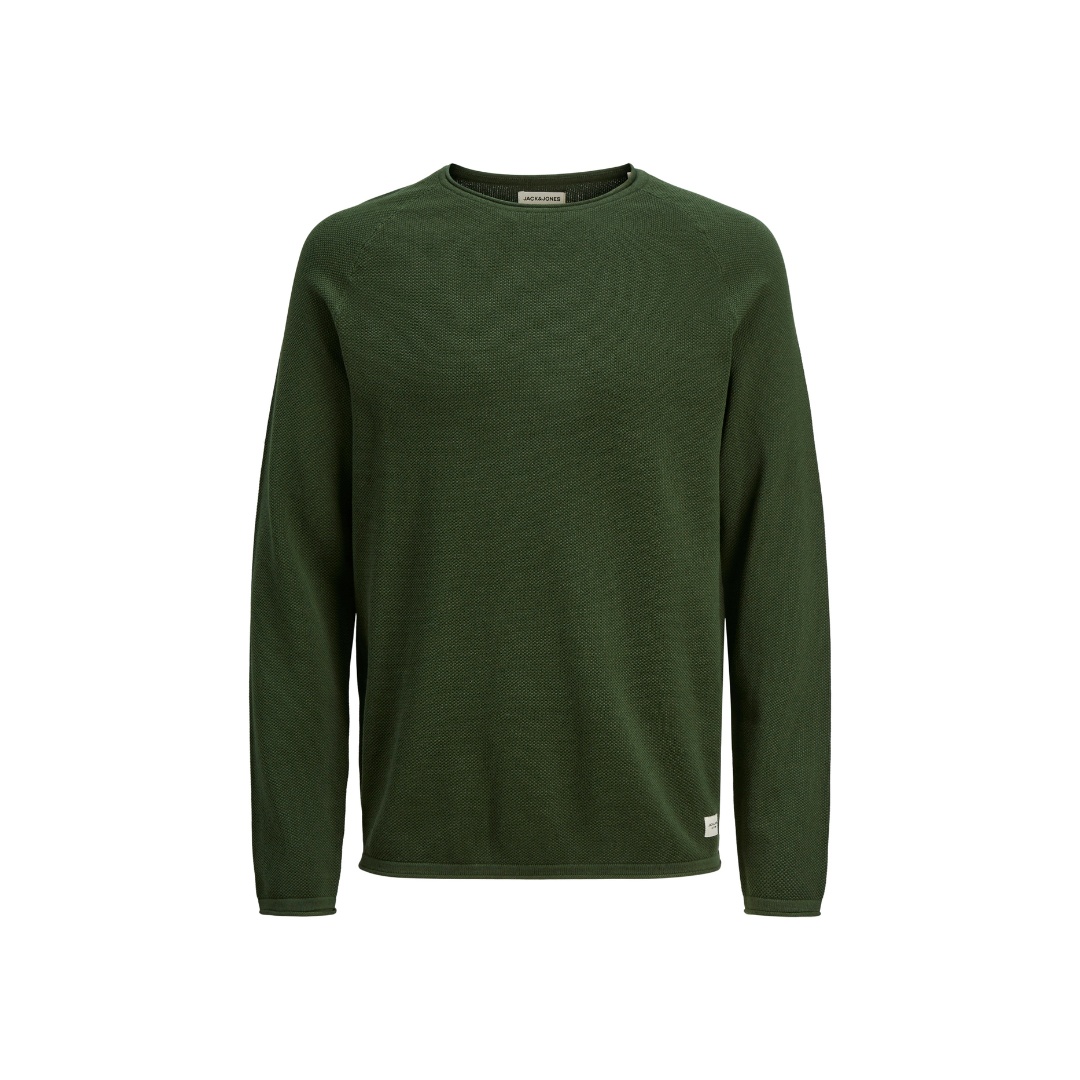 Camisola verde escura de malha com gola redonda e manga comprida