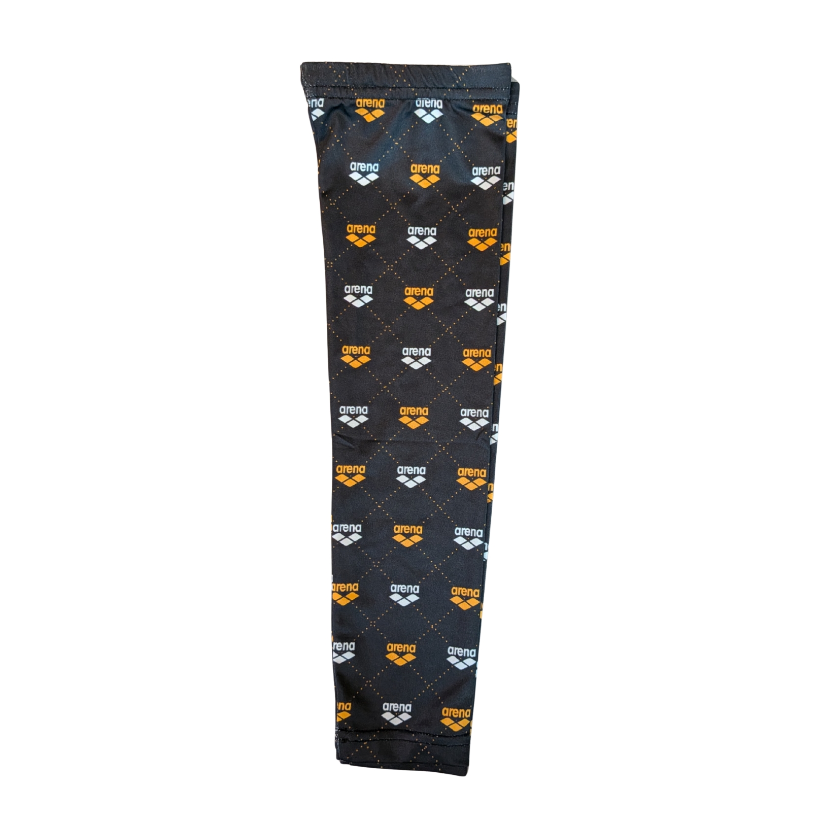 Manguito desportivo preto com padrão de logos 'arena' branco e laranja