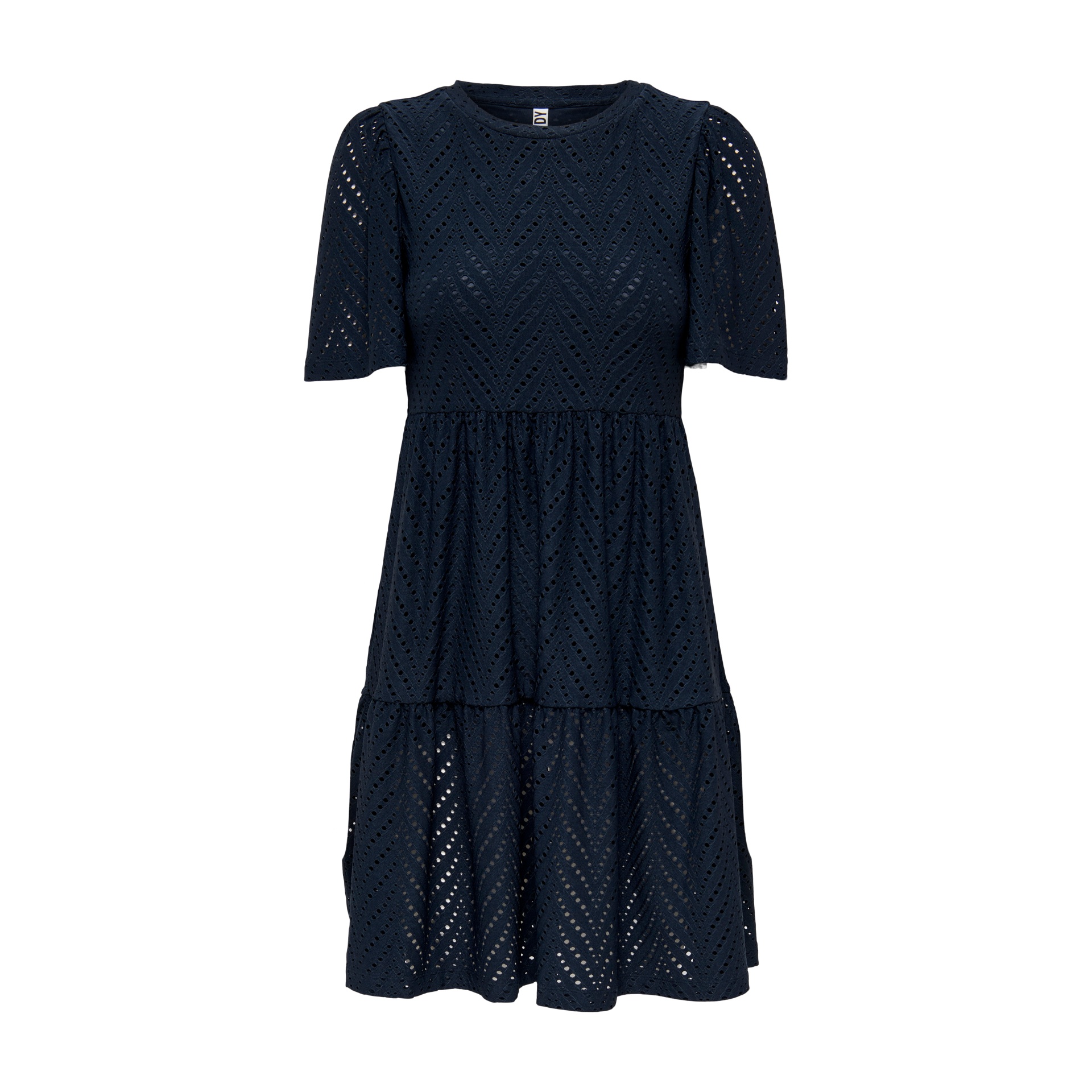 Vestido azul escuro com padrão recortado e mangas curtas bufantes