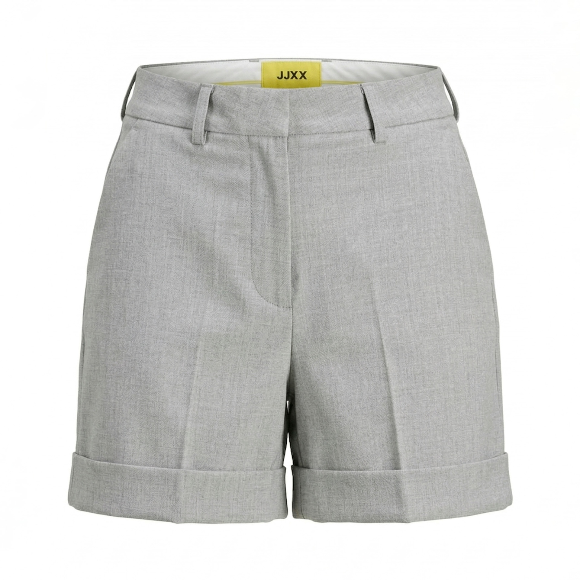 Calções cinzentos claros com bainha dobrada e etiqueta JJXX na cintura