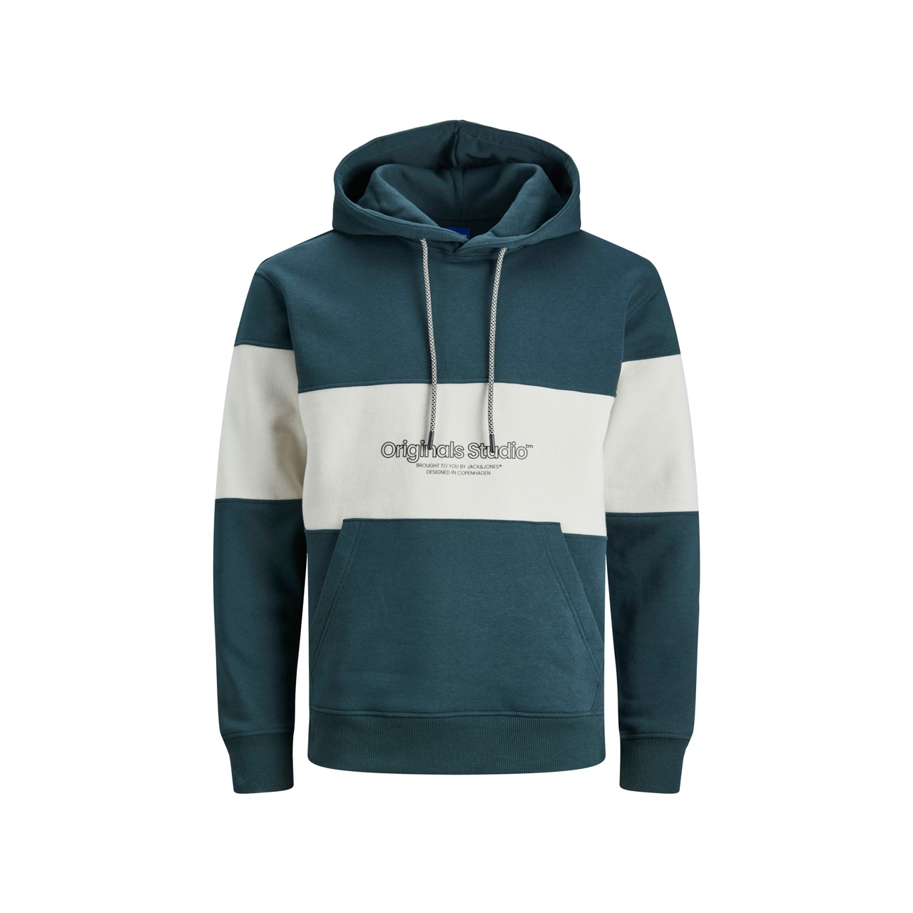 Casaco hoodie azul com faixa branca e texto impresso no peito