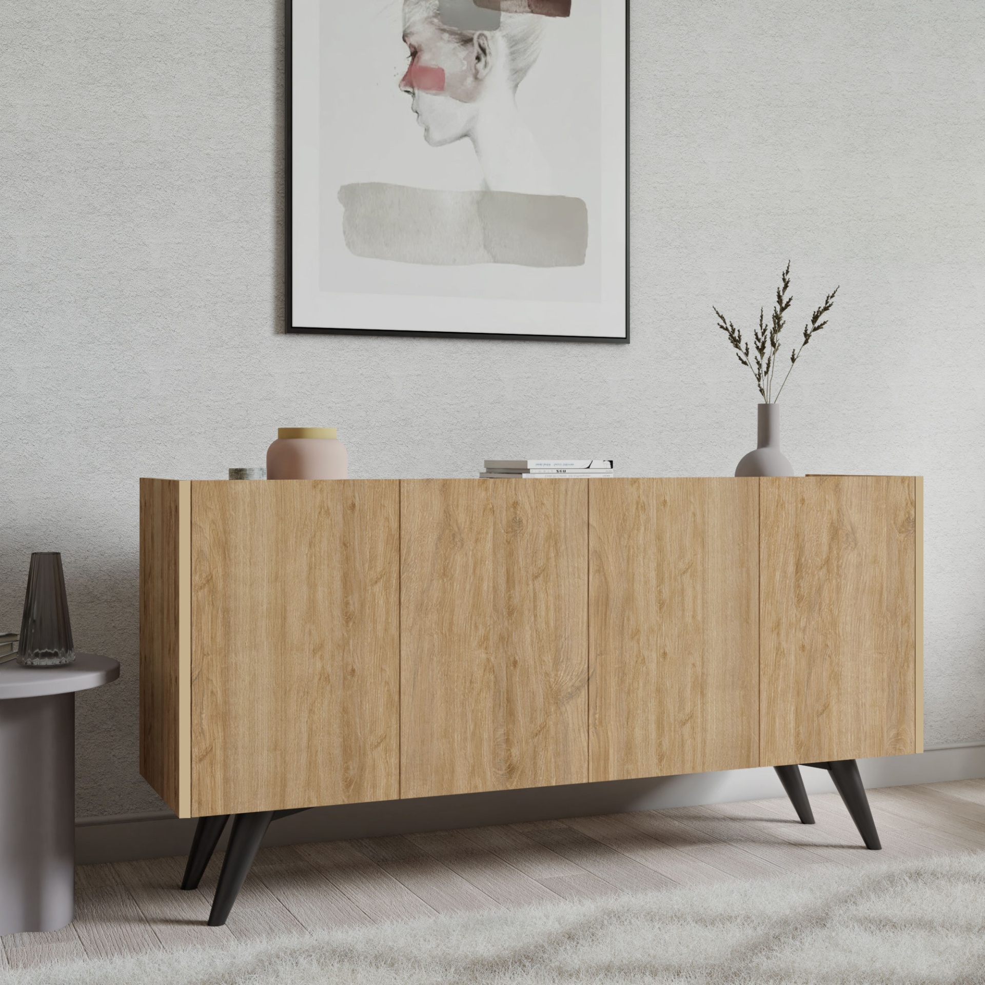 Móvel buffet de madeira clara com decoração minimalista na sala.