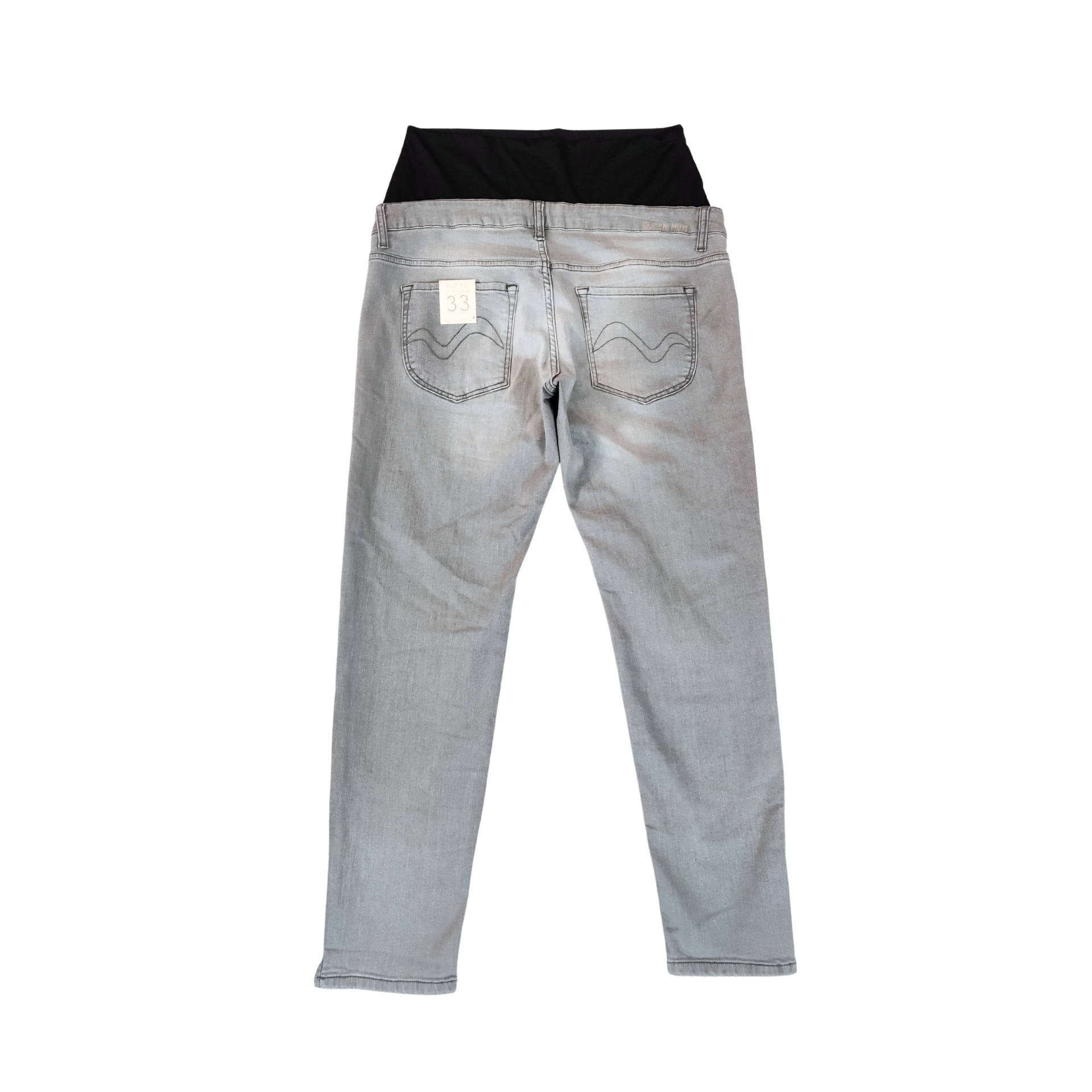 Calças de ganga de maternidade cinza claro com cós elástico preto