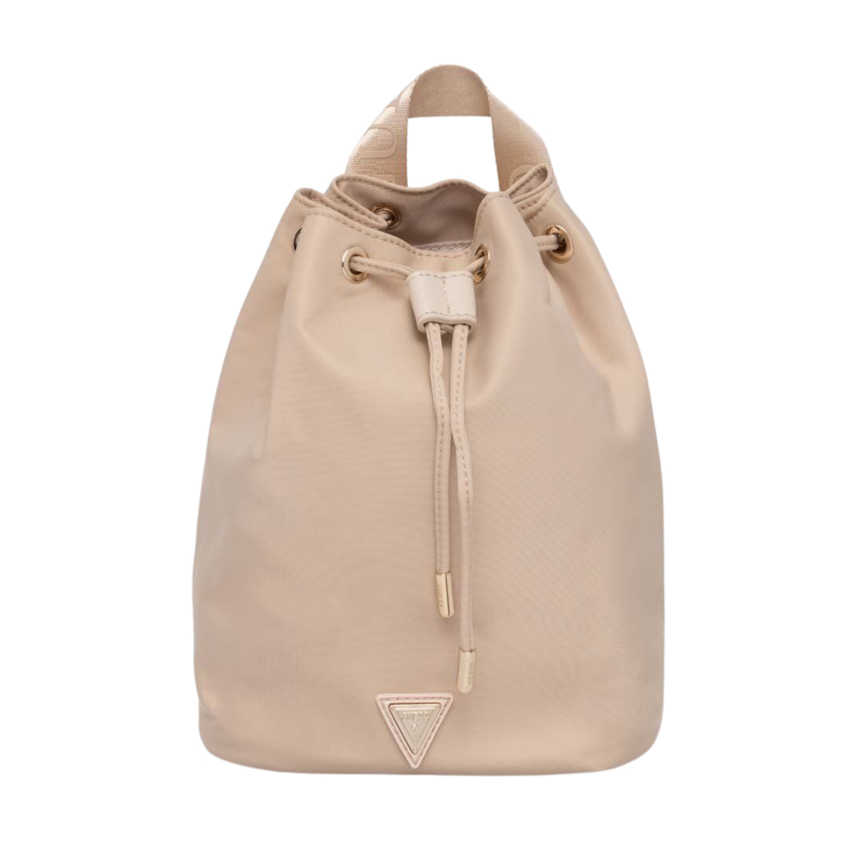 Mochila bege claro com fecho de cordão e etiqueta triangular frontal