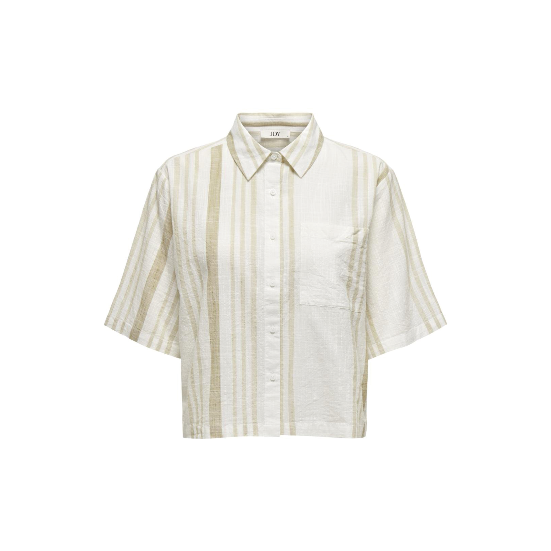 Camisa de manga curta às riscas bege e branco com bolso no peito