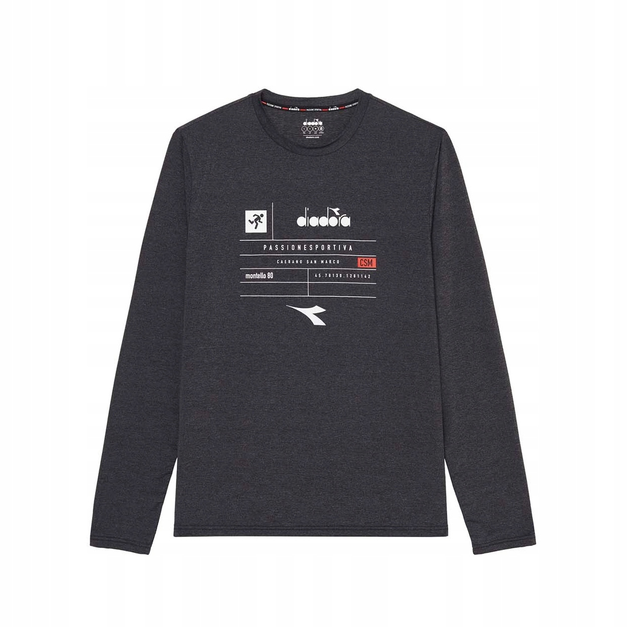 Camisola desportiva de manga comprida cinza escuro com estampados brancos e vermelhos