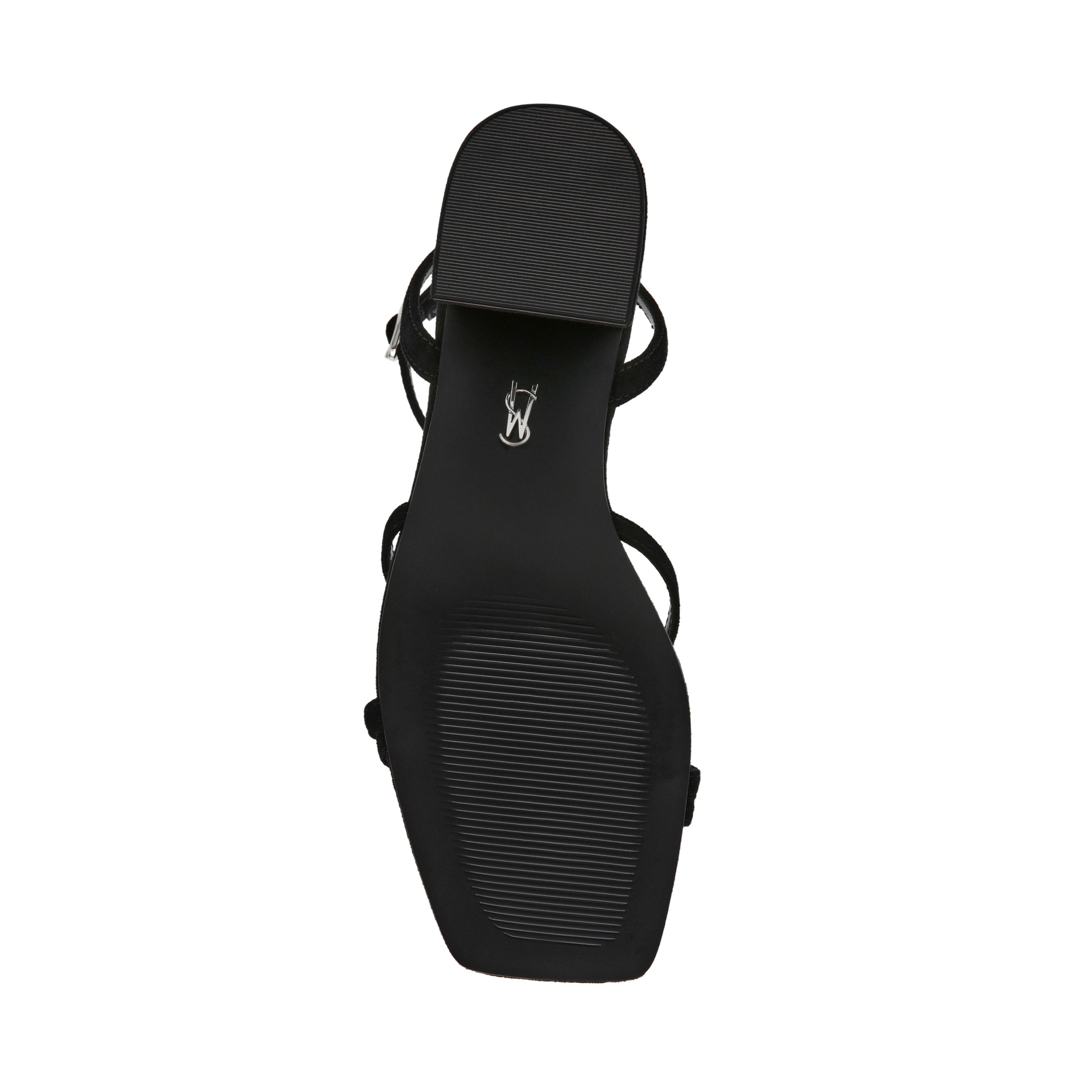 Sola de sandália feminina preta com tiras e salto baixo quadrado